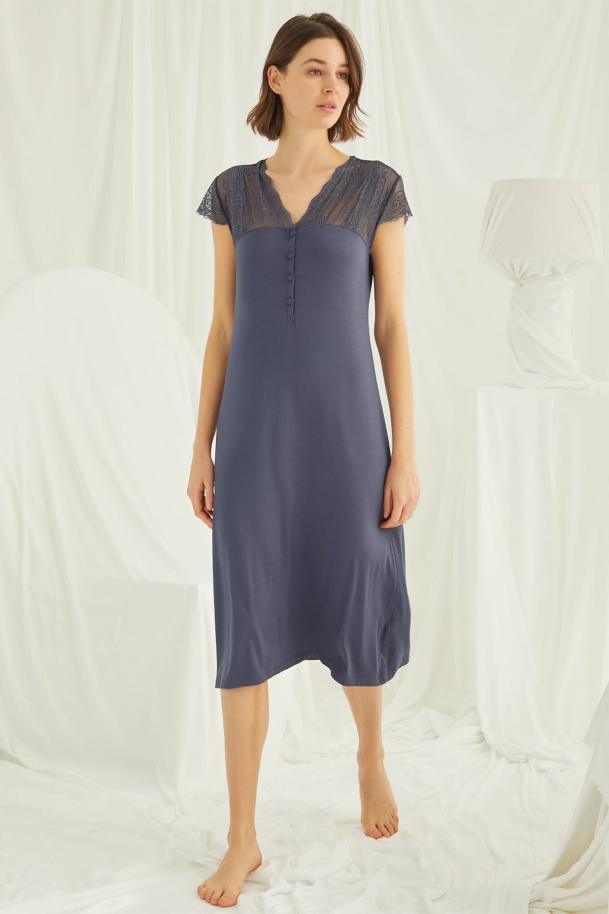 Lace V-Neck Plus Size Maternity Feeding-Friendly Nightgown Navy Blue - E18454