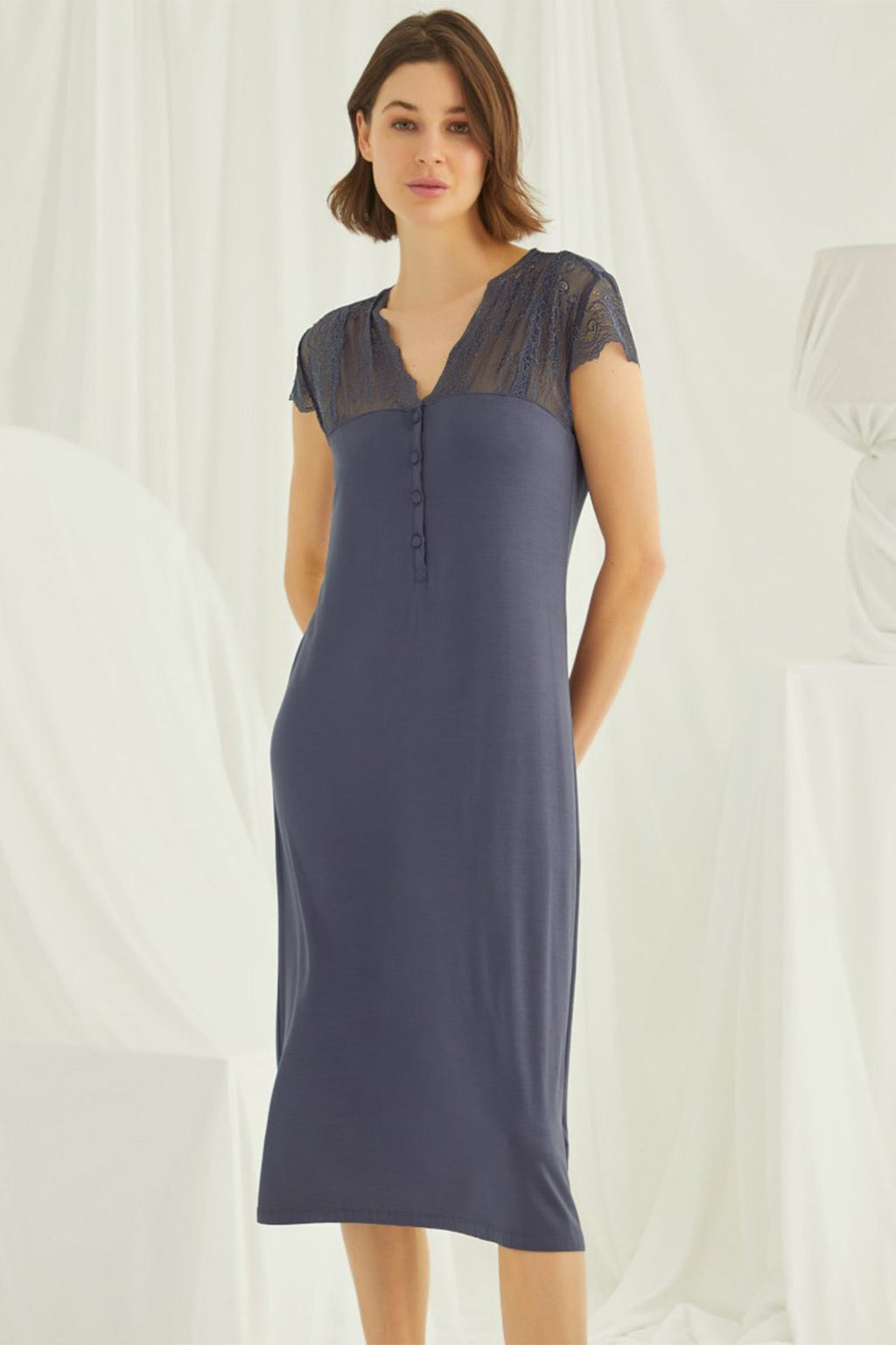Lace V-Neck Plus Size Maternity Feeding-Friendly Nightgown Navy Blue - E18454