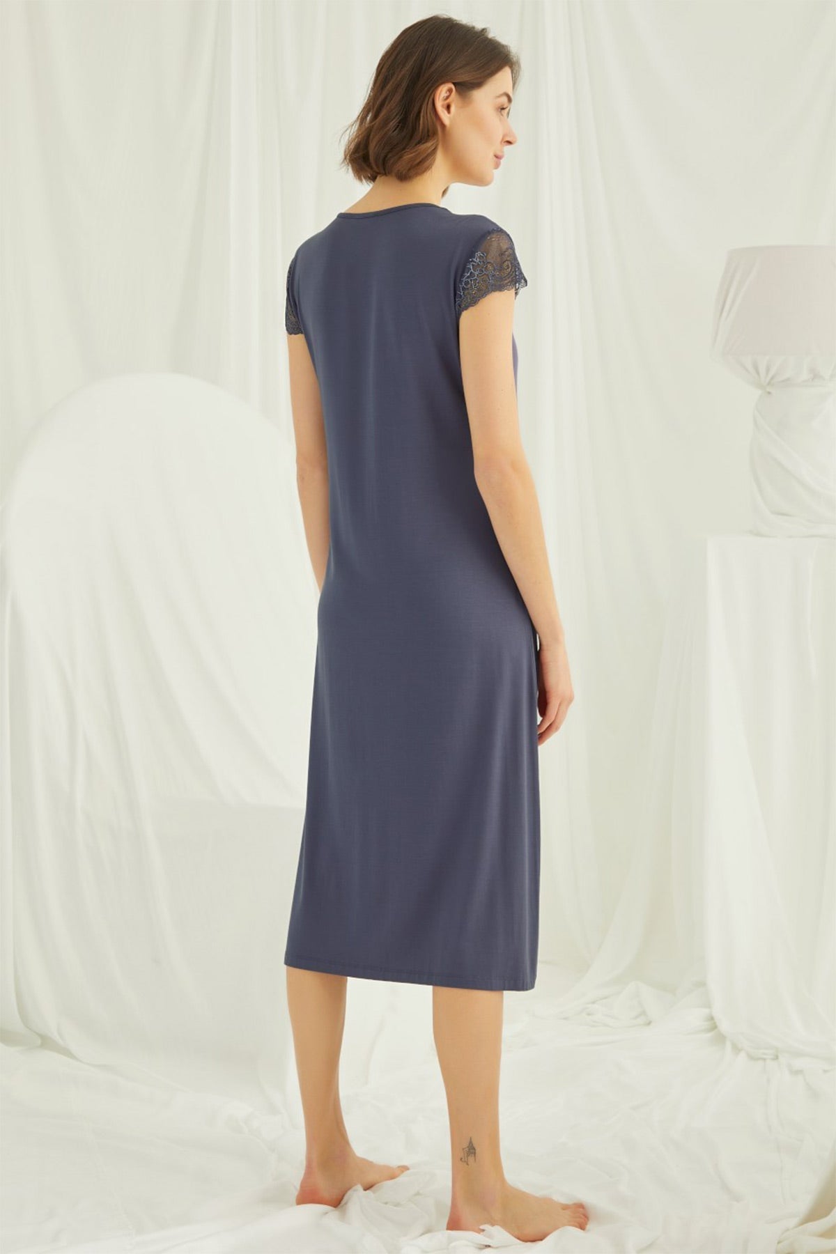 Lace V-Neck Plus Size Maternity Feeding-Friendly Nightgown Navy Blue - E18454