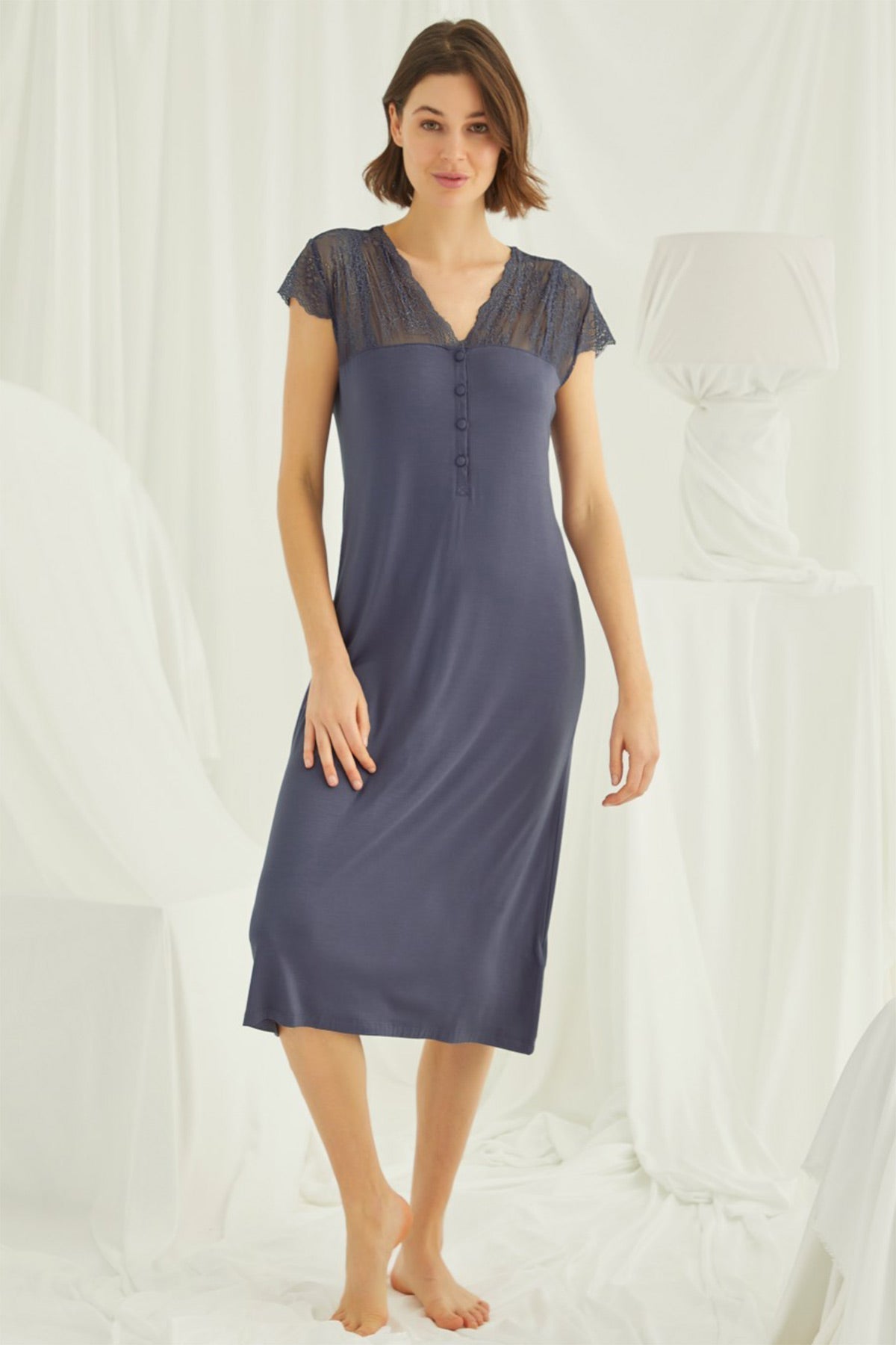 Lace V-Neck Plus Size Maternity Feeding-Friendly Nightgown Navy Blue - E18454
