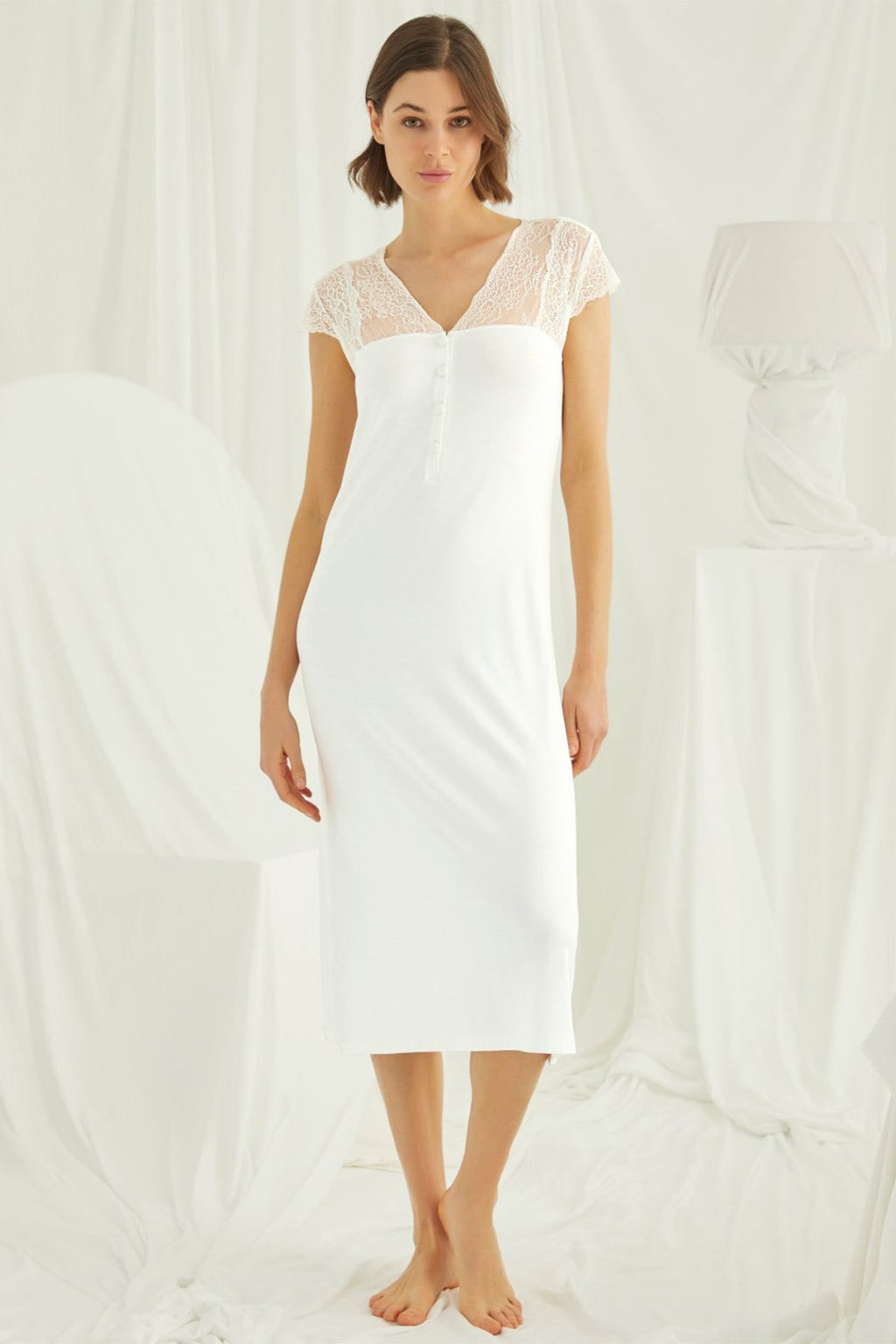 Lace V-Neck Plus Size Maternity Feeding-Friendly Nightgown Ecru - E18455