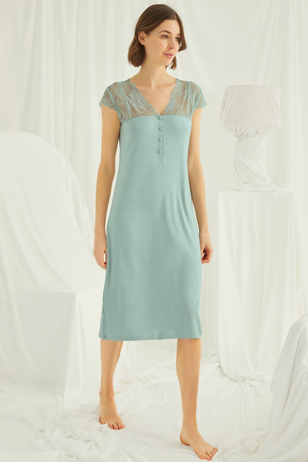 Lace V-Neck Long Maternity Feeding-Friendly Nightgown Green - E18463