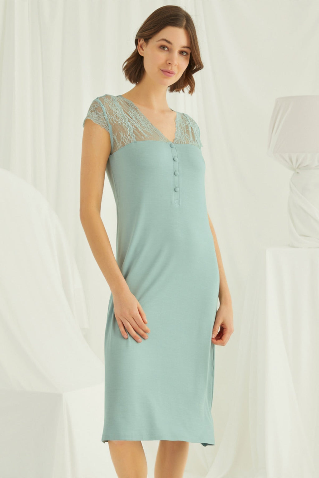 Lace V-Neck Long Maternity Feeding-Friendly Nightgown Green - E18463
