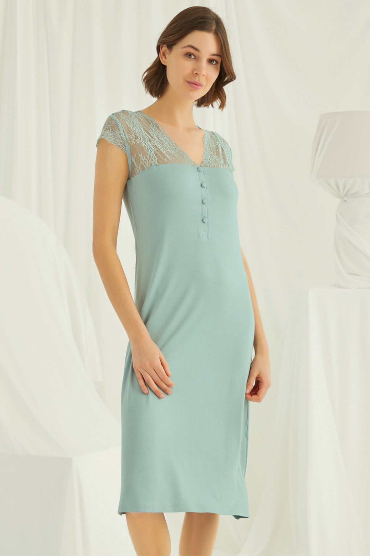 Lace V-Neck Long Maternity Feeding-Friendly Nightgown Green - E18463