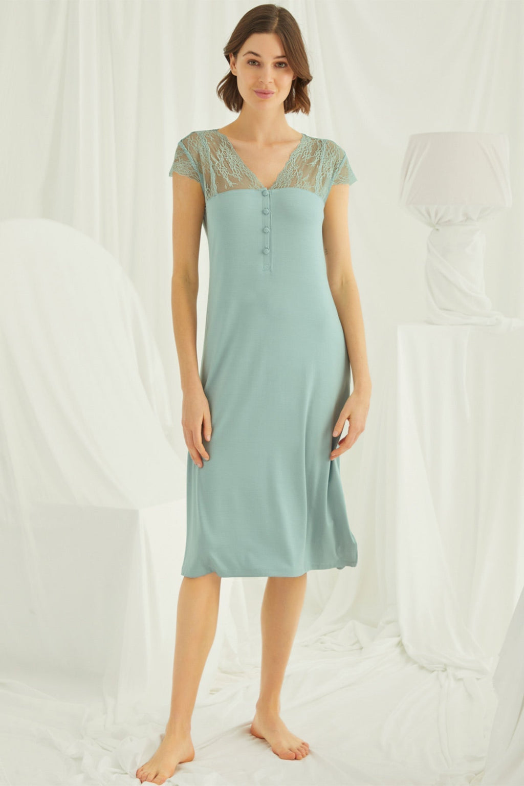 Lace V-Neck Long Maternity Feeding-Friendly Nightgown Green - E18463