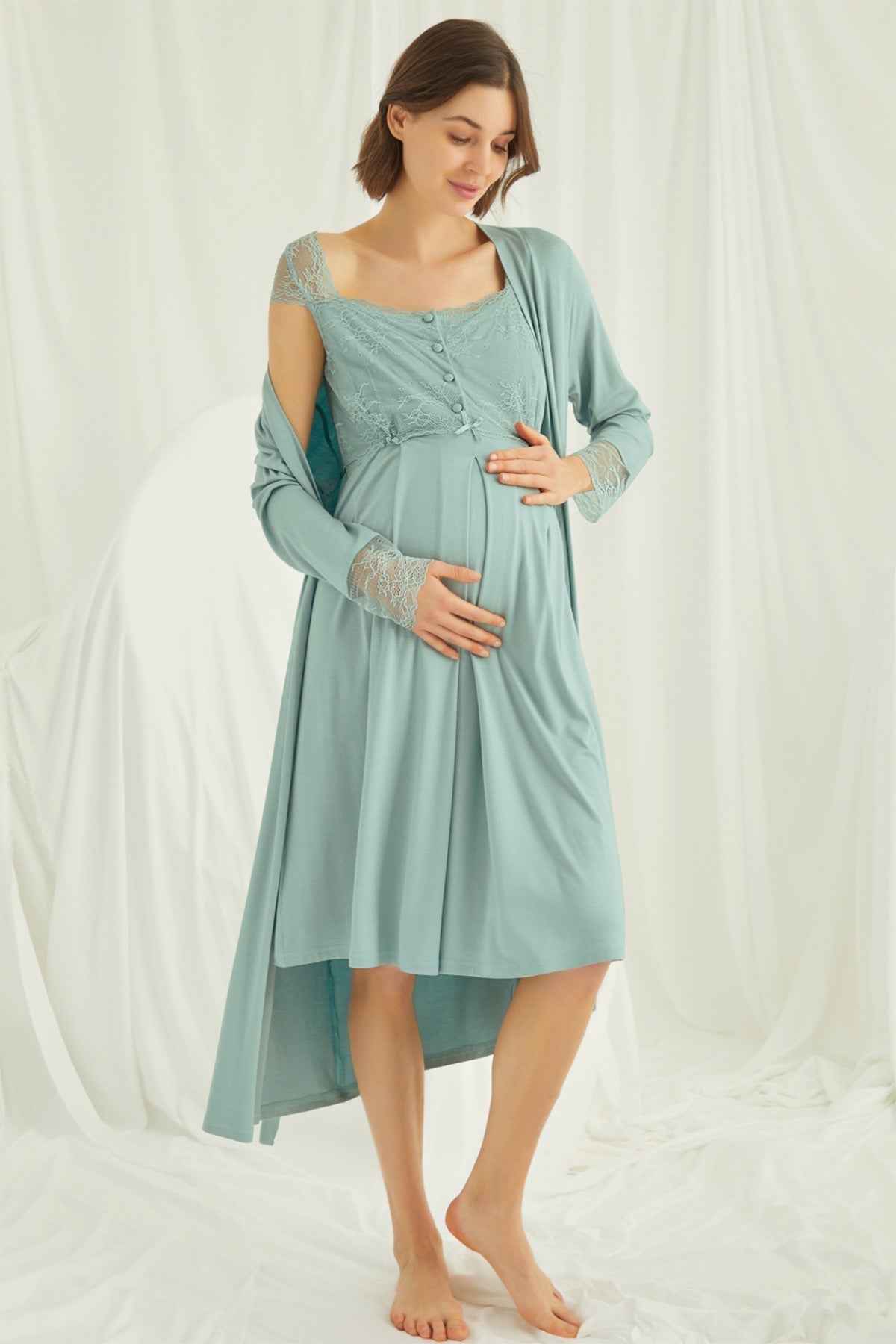 Lace Shoulder Maternity Feeding-Friendly Nightgown & Robe Set Green - E18467