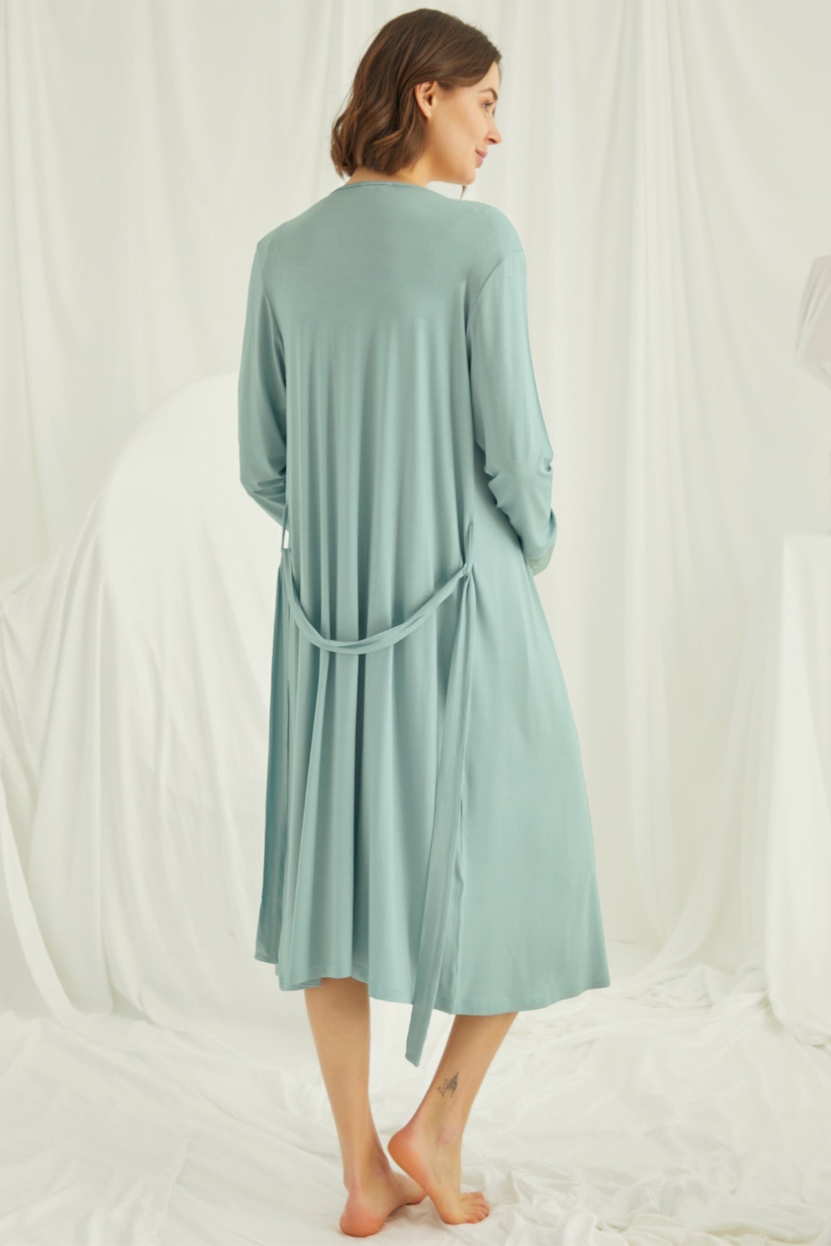Lace Shoulder Maternity Feeding-Friendly Nightgown & Robe Set Green - E18467