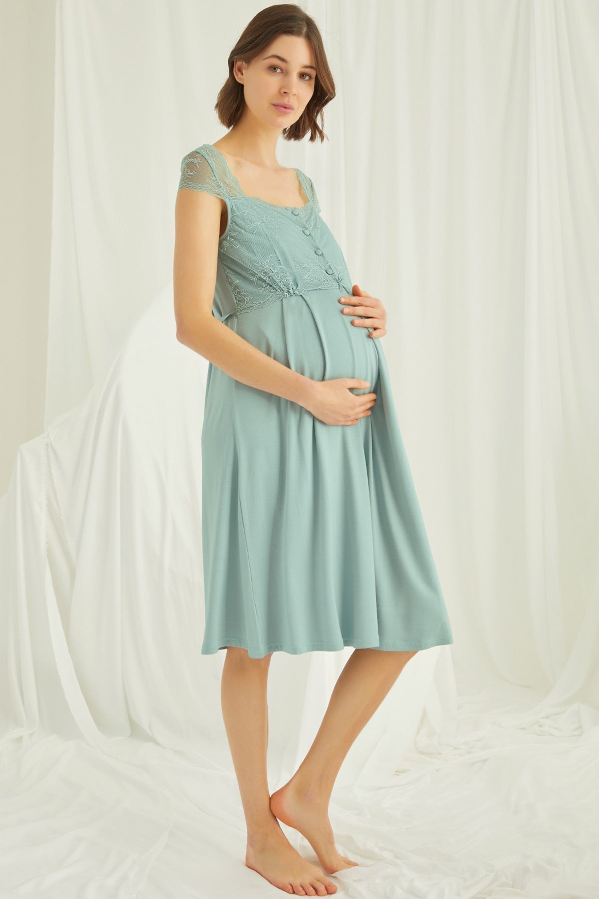 Lace Shoulder Maternity Feeding-Friendly Nightgown & Robe Set Green - E18467