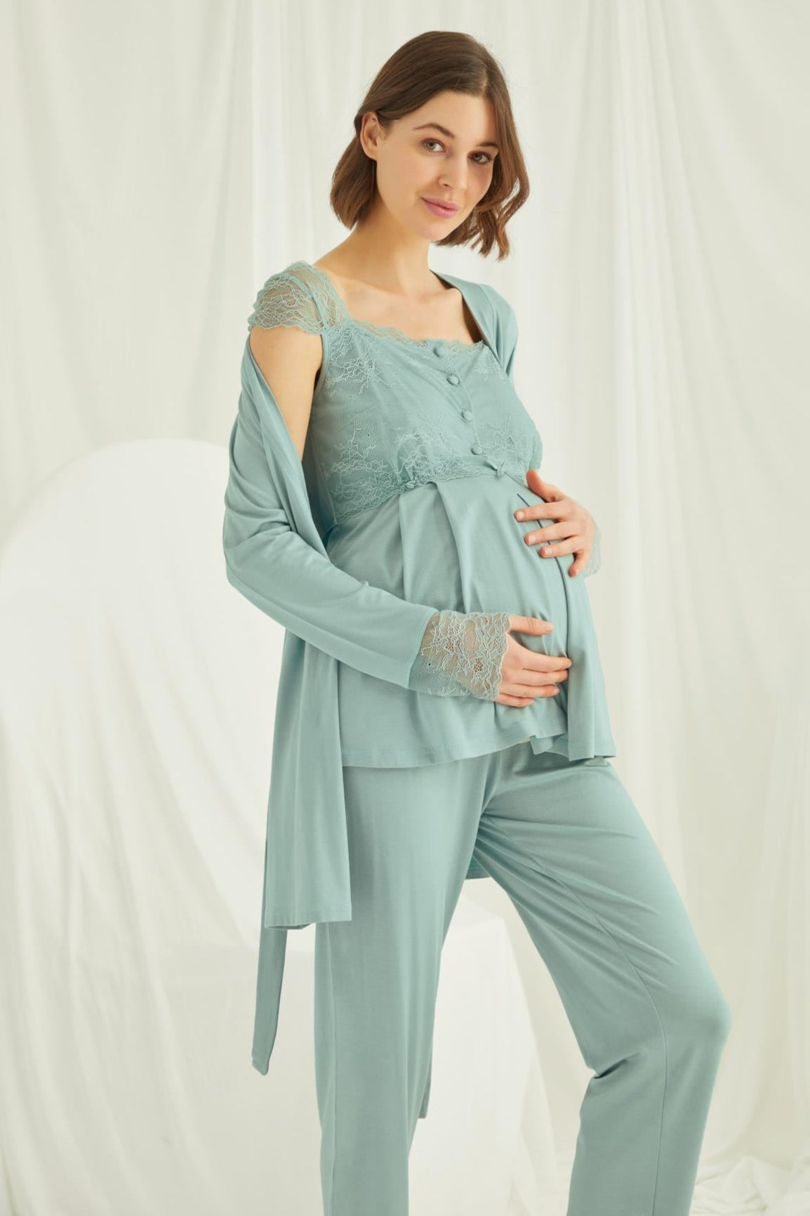 Lace Shoulder 3-Piece Maternity Feeding-Friendly Pajama & Robe Set Green - E18468