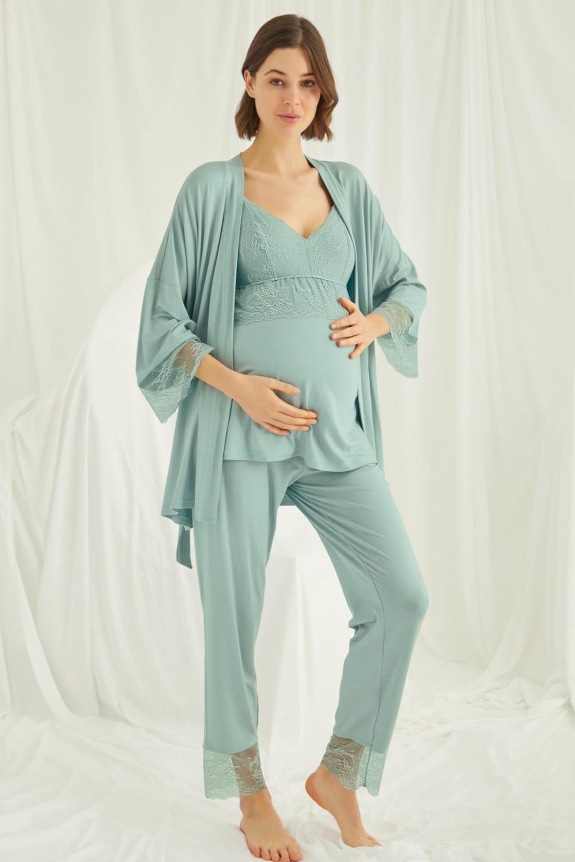 Lace Strappy 3-Piece Maternity Feeding-Friendly Pajama & Robe Set Green - E18469