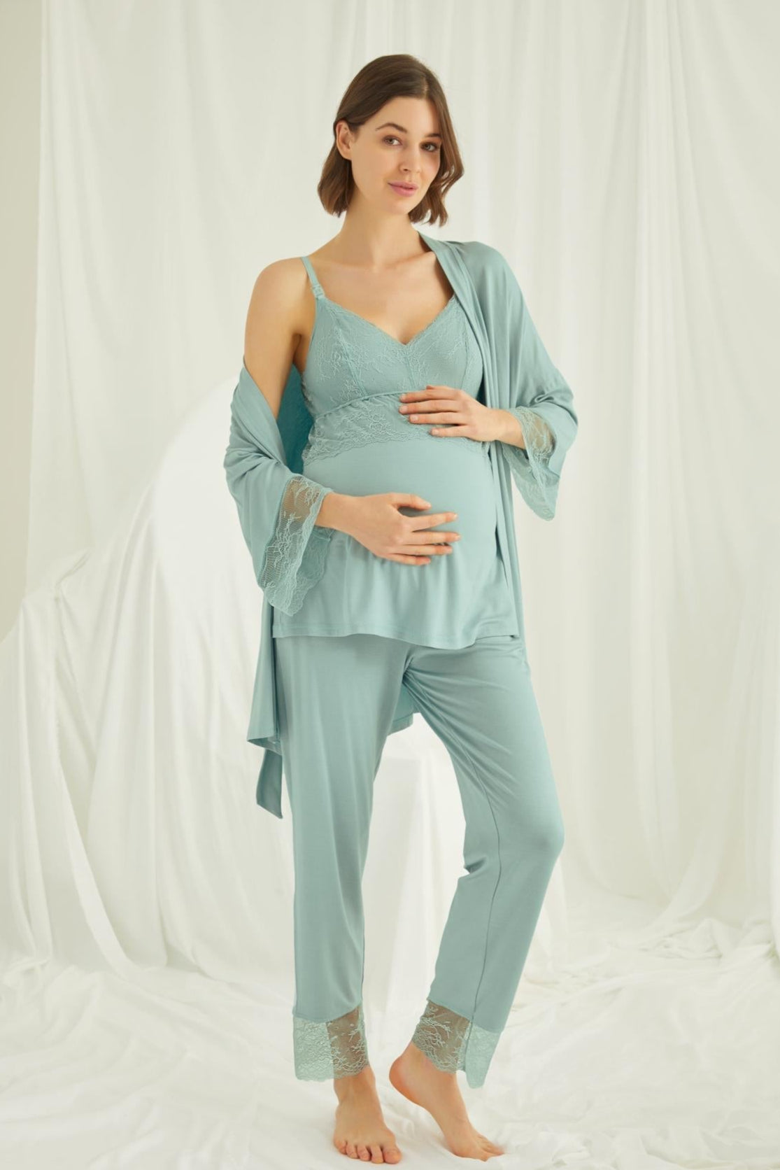 Lace Strappy 3-Piece Maternity Feeding-Friendly Pajama & Robe Set Green - E18469