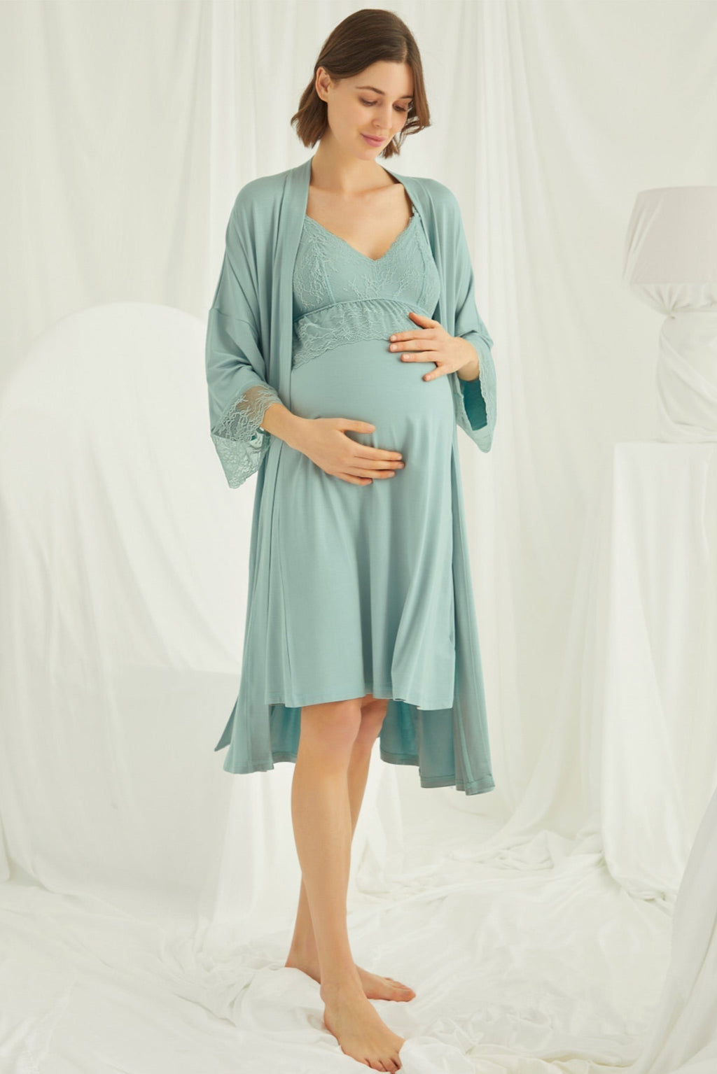 Lace Strappy Maternity Feeding-Friendly Nightgown & Robe Set Green - E18470