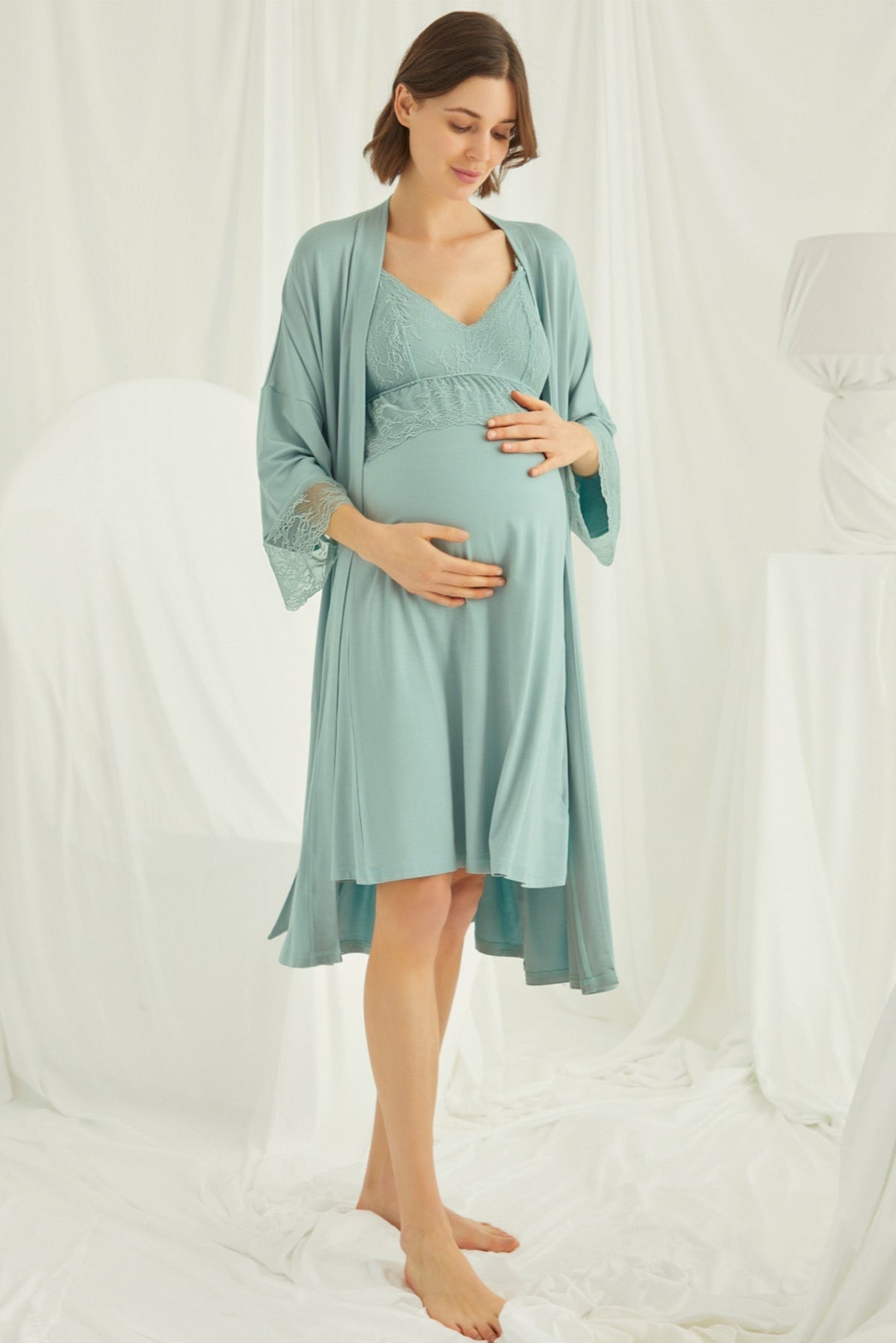 Lace Strappy Maternity Feeding-Friendly Nightgown & Robe Set Green - E18470