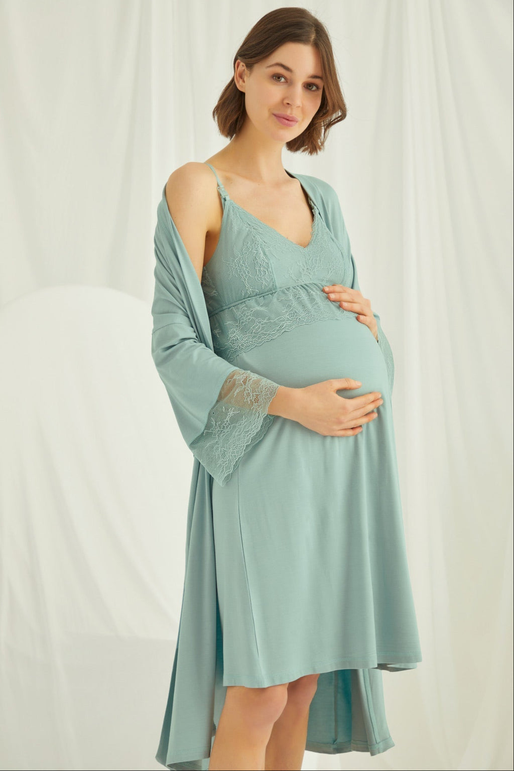 Lace Strappy Maternity Feeding-Friendly Nightgown & Robe Set Green - E18470