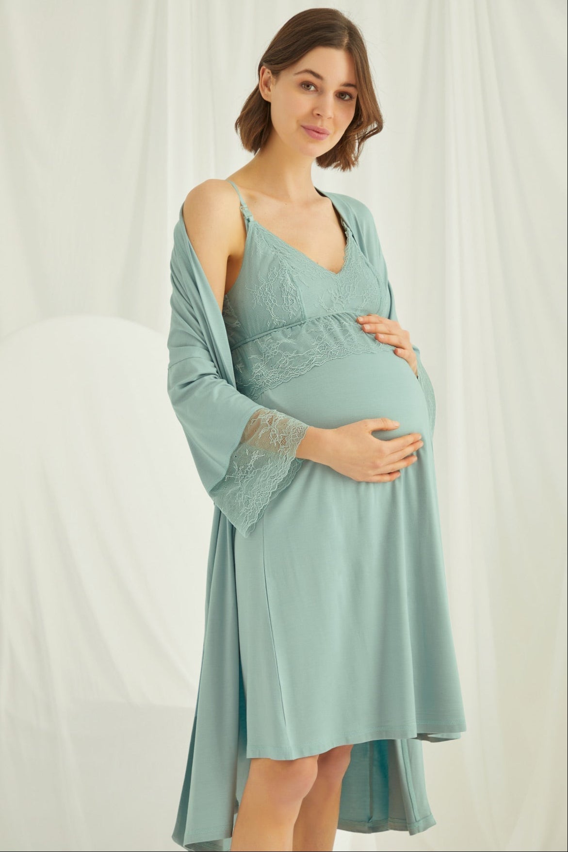 Lace Strappy Maternity Feeding-Friendly Nightgown & Robe Set Green - E18470