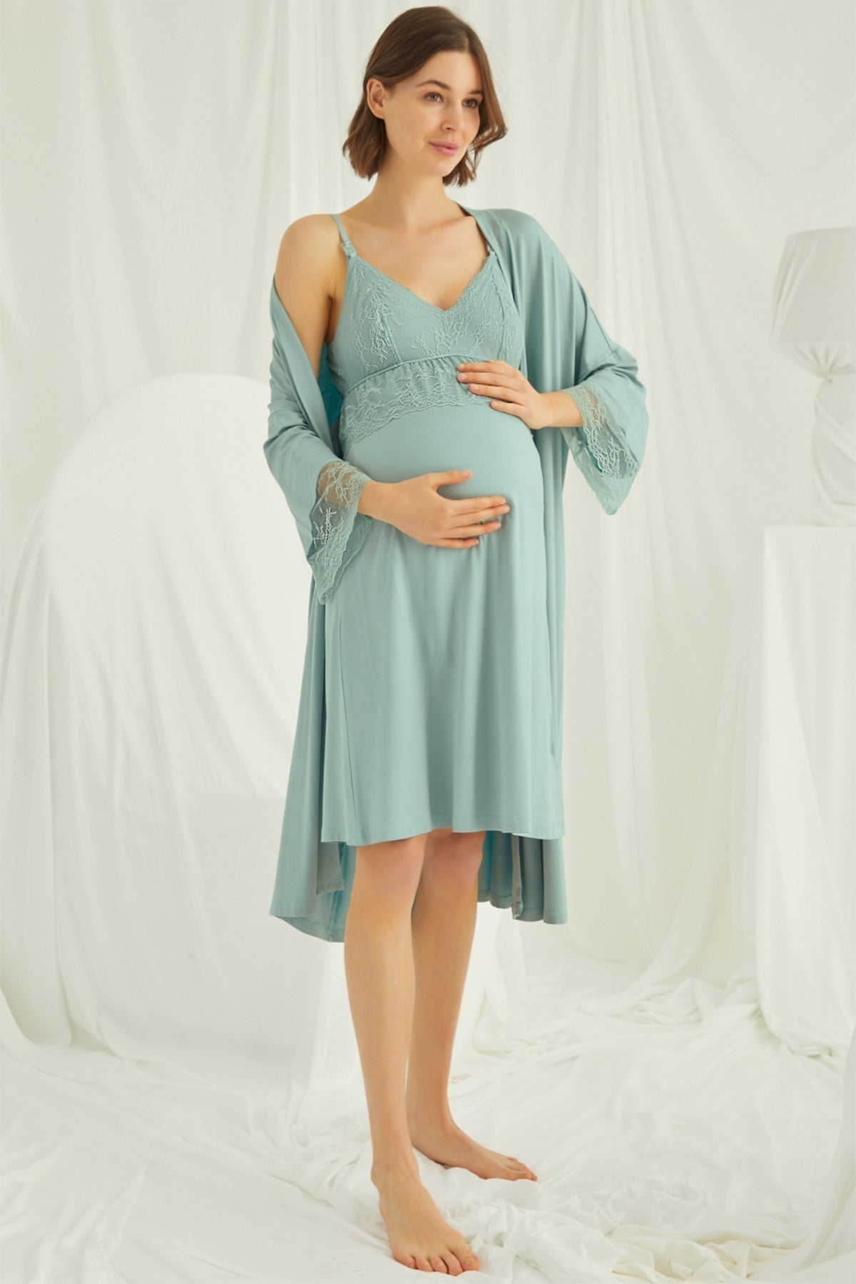 Lace Strappy Maternity Feeding-Friendly Nightgown & Robe Set Green - E18470
