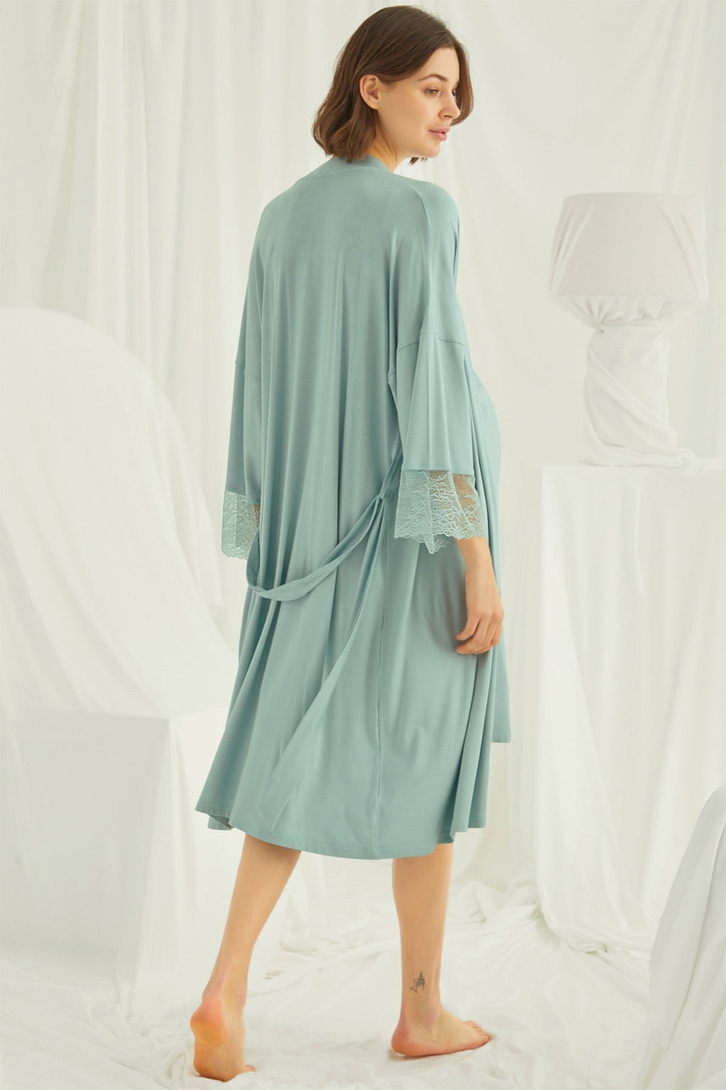 Lace Strappy Maternity Feeding-Friendly Nightgown & Robe Set Green - E18470