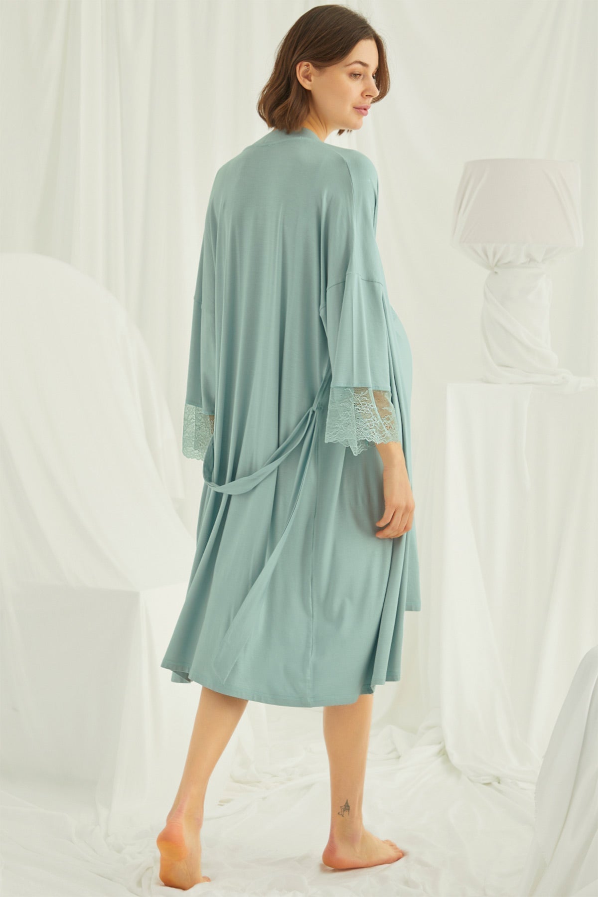 Lace Strappy Maternity Feeding-Friendly Nightgown & Robe Set Green - E18470