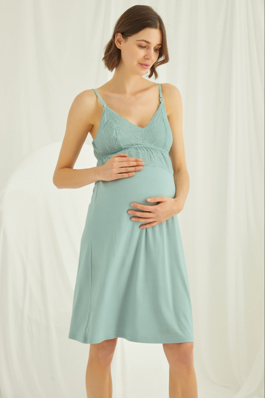 Lace Strappy Maternity Feeding-Friendly Nightgown & Robe Set Green - E18470