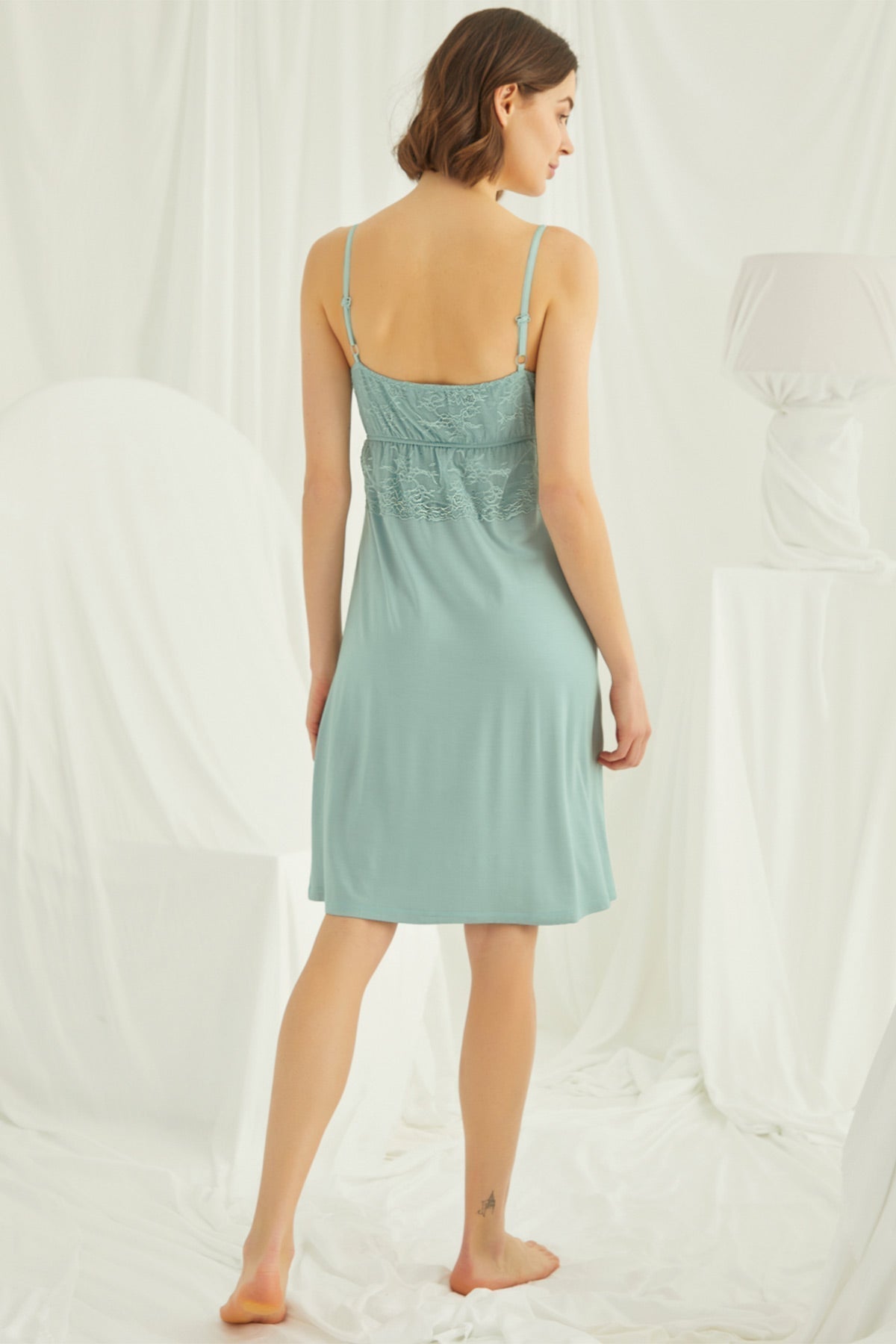 Lace Strappy Maternity Feeding-Friendly Nightgown & Robe Set Green - E18470