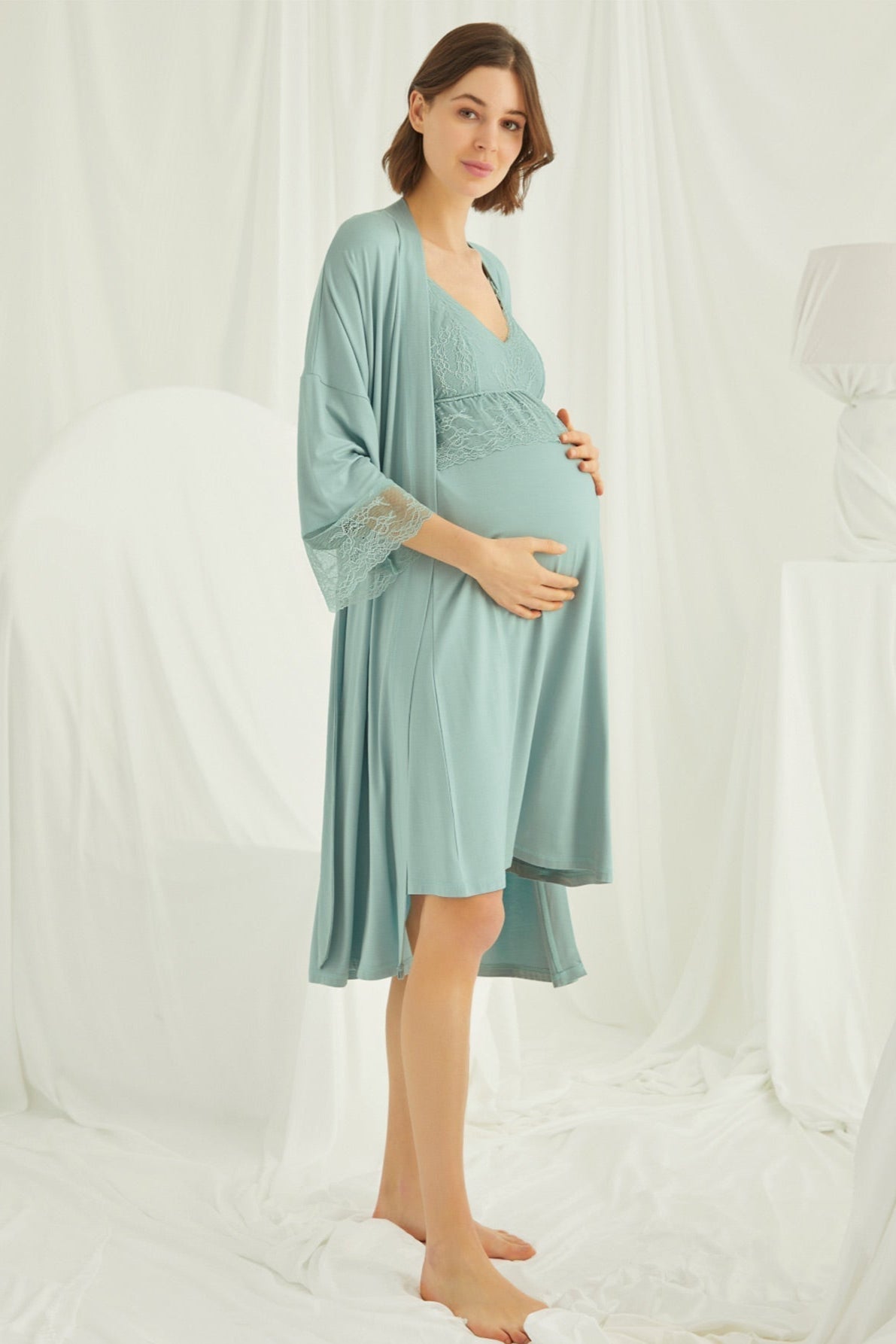 Lace Strappy Maternity Feeding-Friendly Nightgown & Robe Set Green - E18470