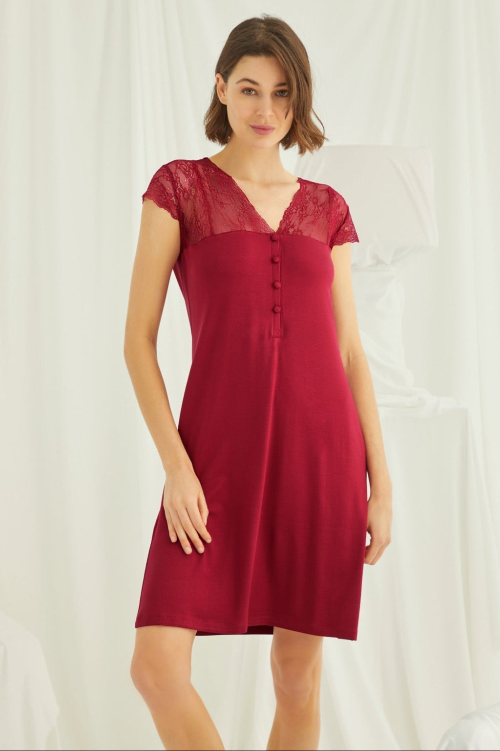 Lace V-Neck Short Maternity Feeding-Friendly Nightgown Red - E18480