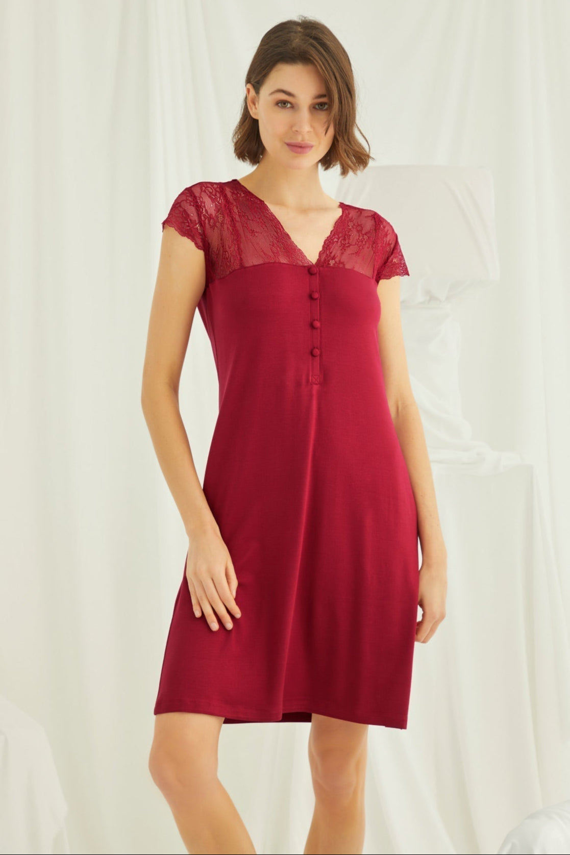 Lace V-Neck Short Maternity Feeding-Friendly Nightgown Red - E18480