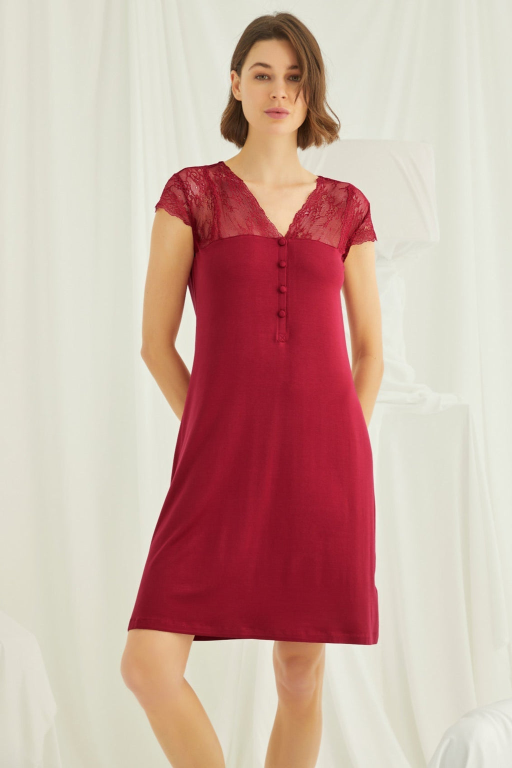 Lace V-Neck Short Maternity Feeding-Friendly Nightgown Red - E18480