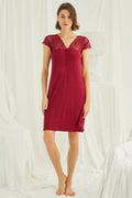Lace V-Neck Short Maternity Feeding-Friendly Nightgown Red - E18480