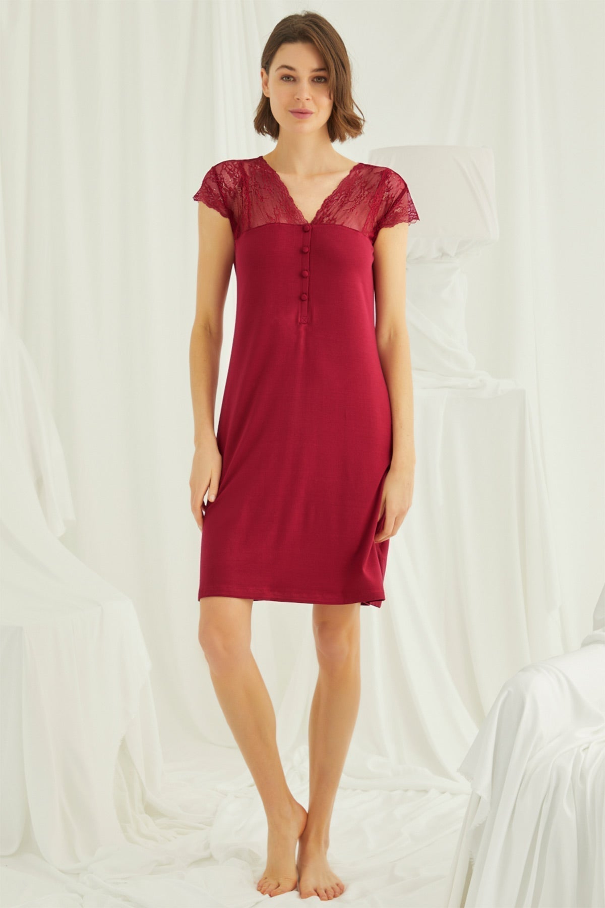 Lace V-Neck Short Maternity Feeding-Friendly Nightgown Red - E18480