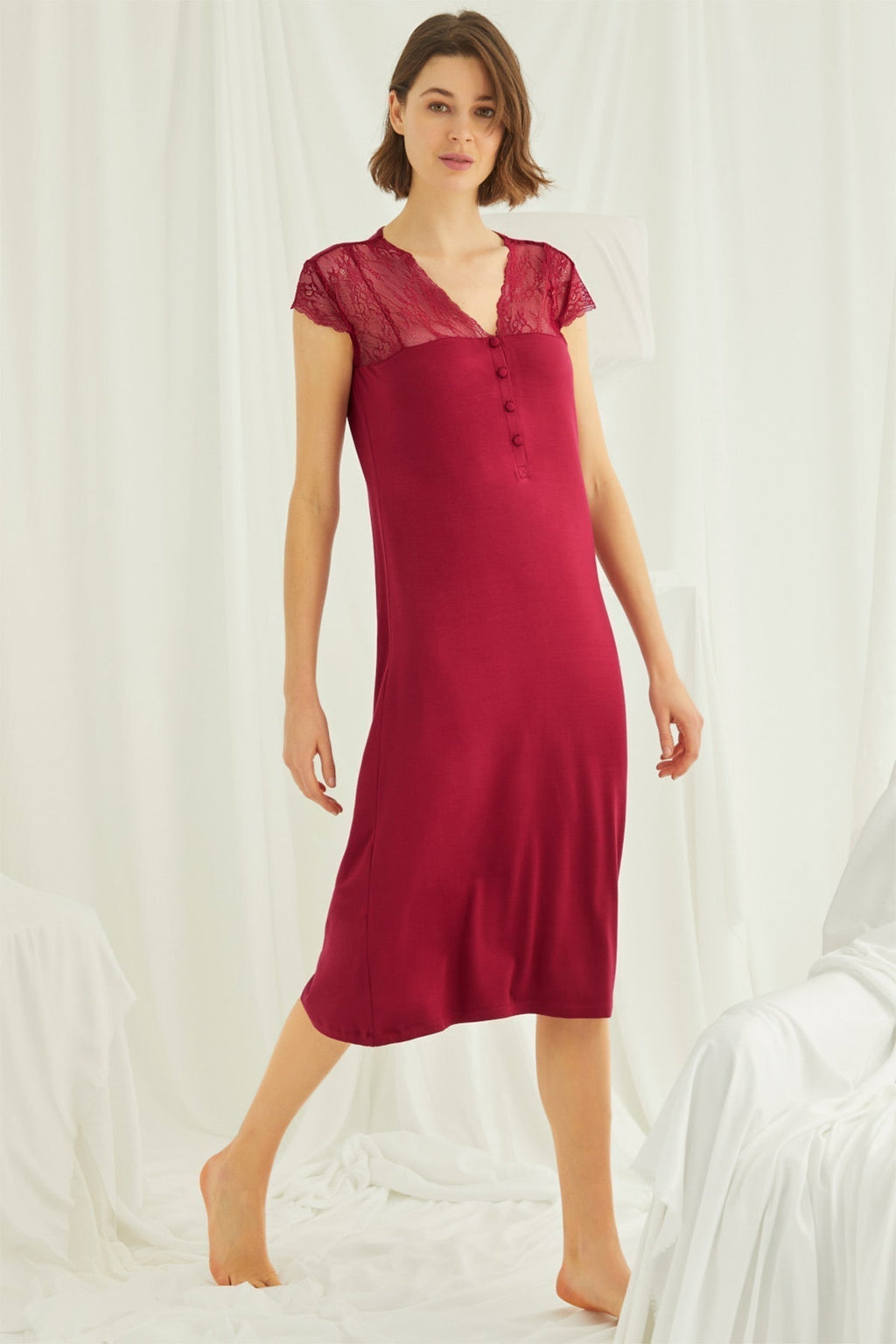 Lace V-Neck Long Maternity Feeding-Friendly Nightgown Red - E18481