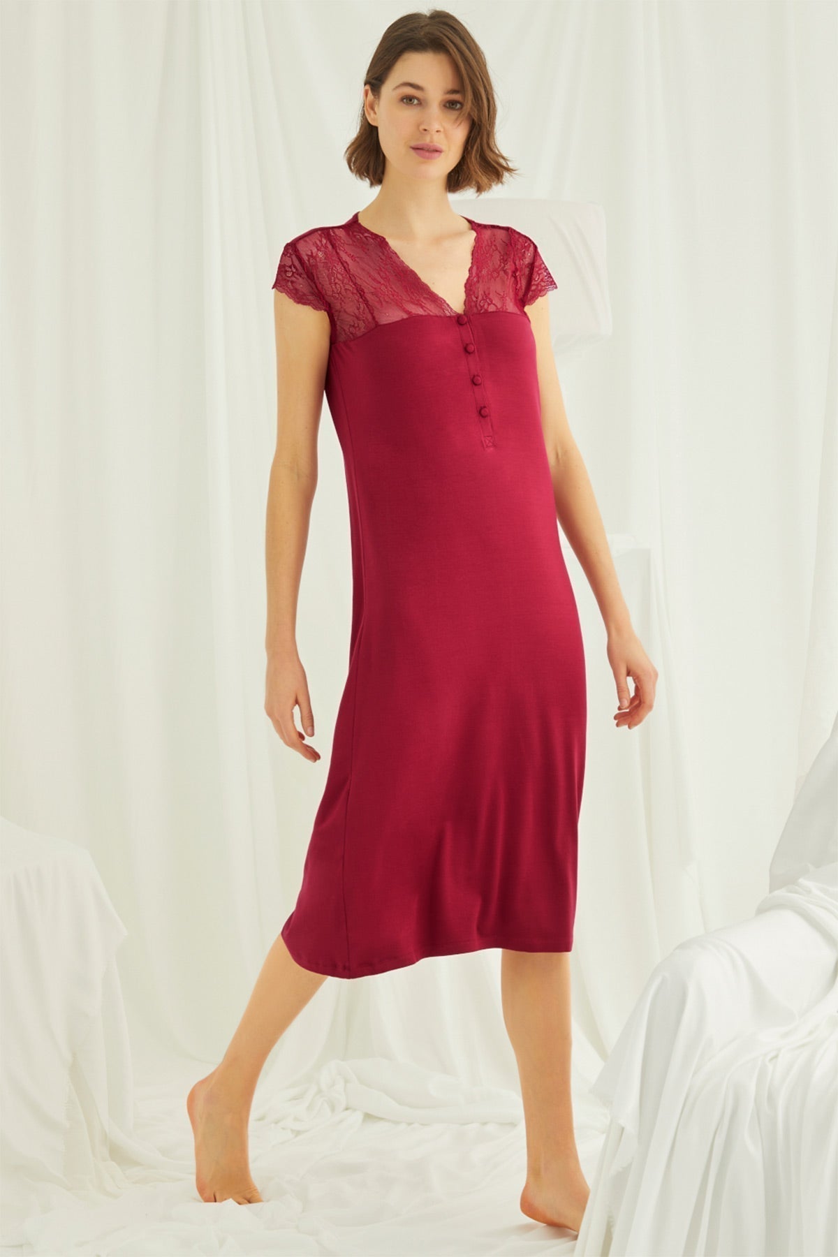 Lace V-Neck Long Maternity Feeding-Friendly Nightgown Red - E18481