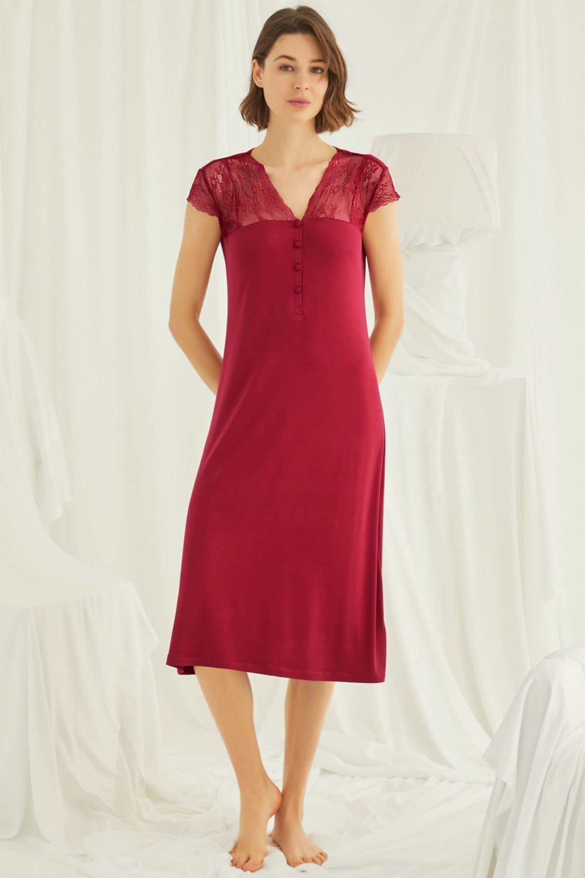 Lace V-Neck Long Maternity Feeding-Friendly Nightgown Red - E18481