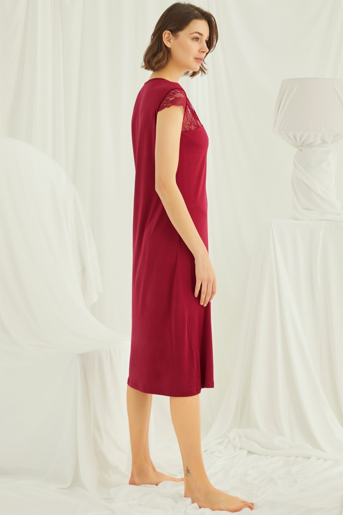 Lace V-Neck Long Maternity Feeding-Friendly Nightgown Red - E18481