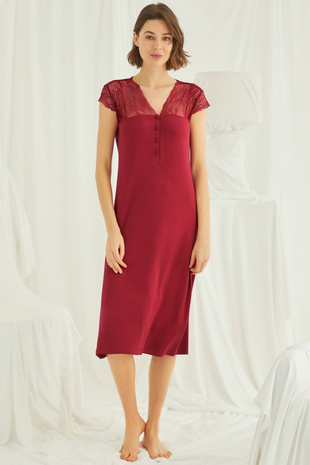 Lace V-Neck Long Maternity Feeding-Friendly Nightgown Red - E18481