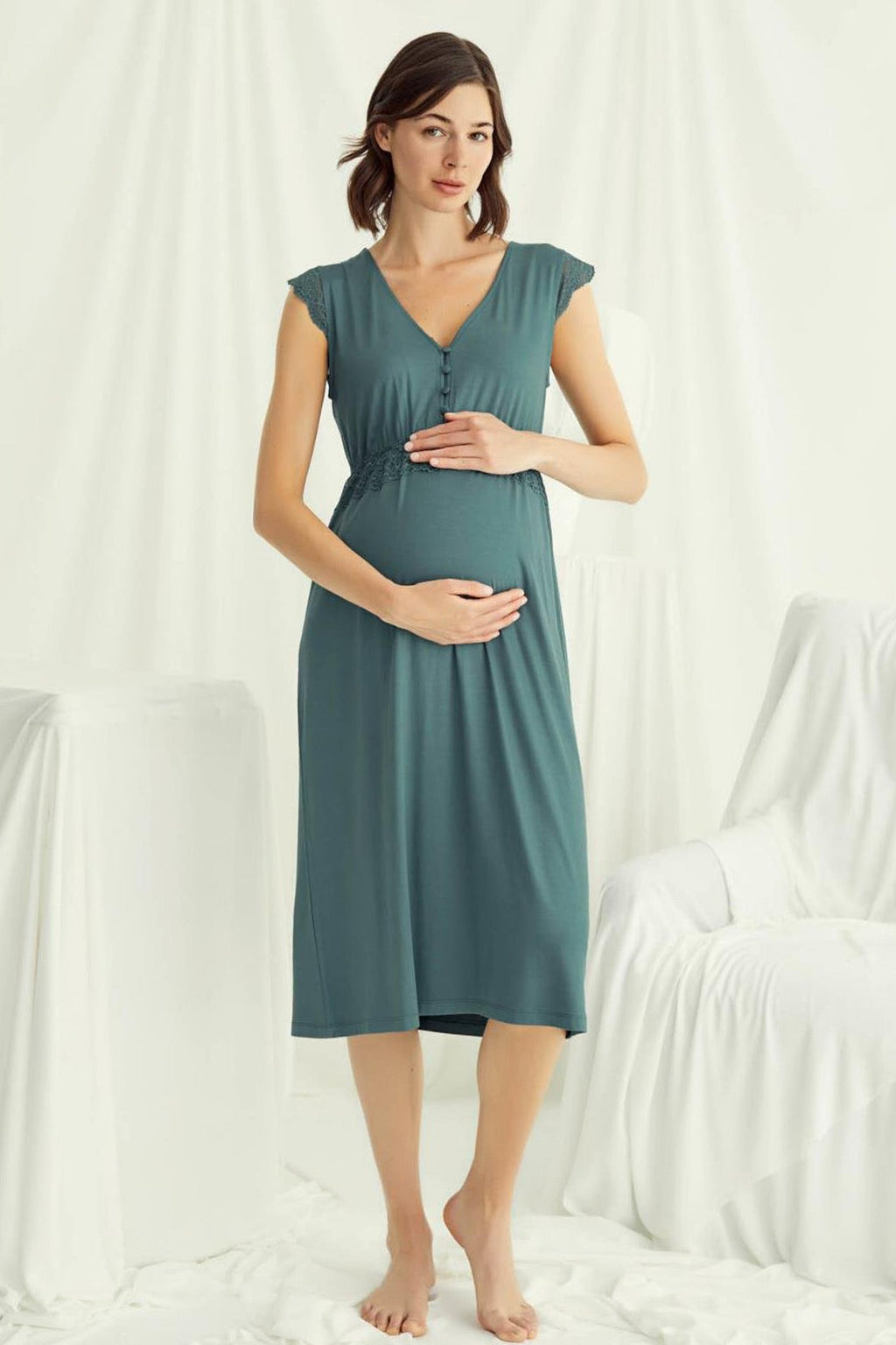 Lace V-Neck Maternity Feeding-Friendly Nightgown Green - E18521