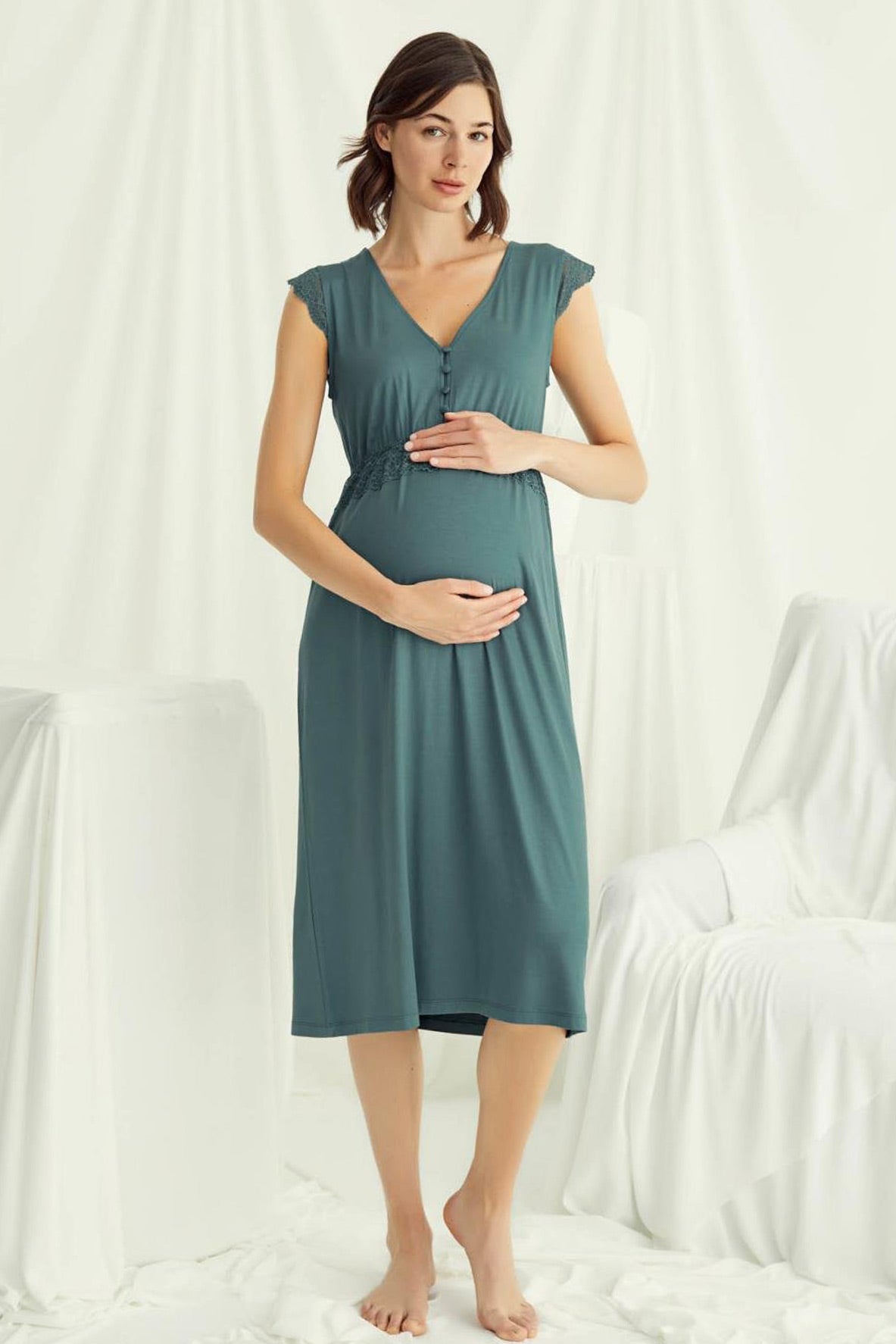 Lace V-Neck Maternity Feeding-Friendly Nightgown Green - E18521