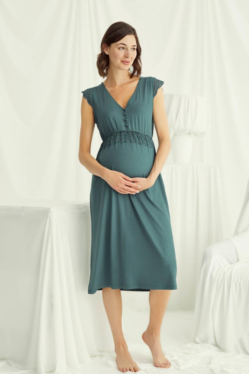 Lace V-Neck Maternity Feeding-Friendly Nightgown Green - E18521