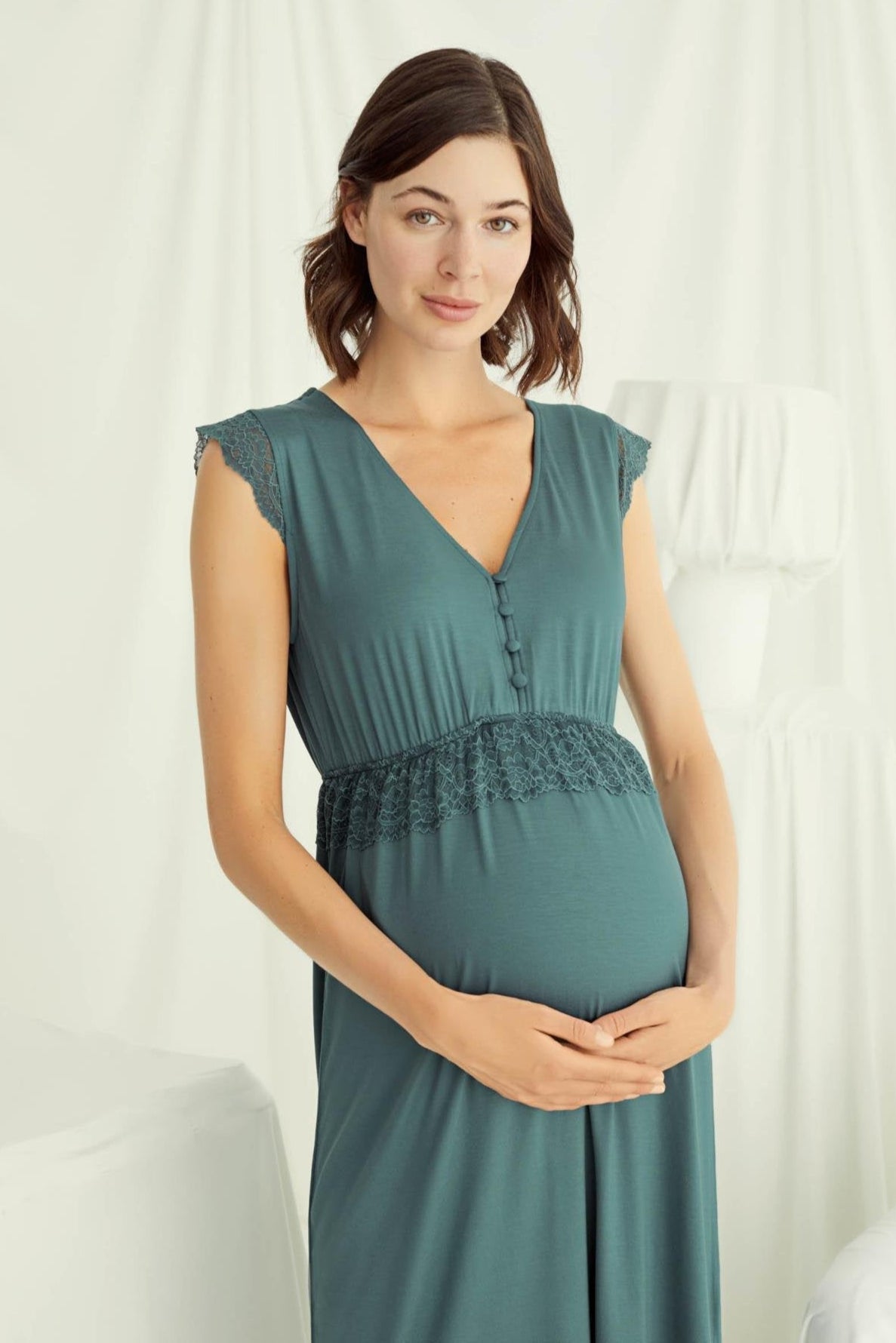 Lace V-Neck Maternity Feeding-Friendly Nightgown Green - E18521