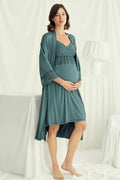 Lace Strappy Maternity Feeding-Friendly Nightgown & Robe Set Green - E18522