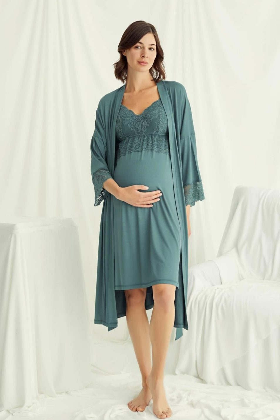 Lace Strappy Maternity Feeding-Friendly Nightgown & Robe Set Green - E18522