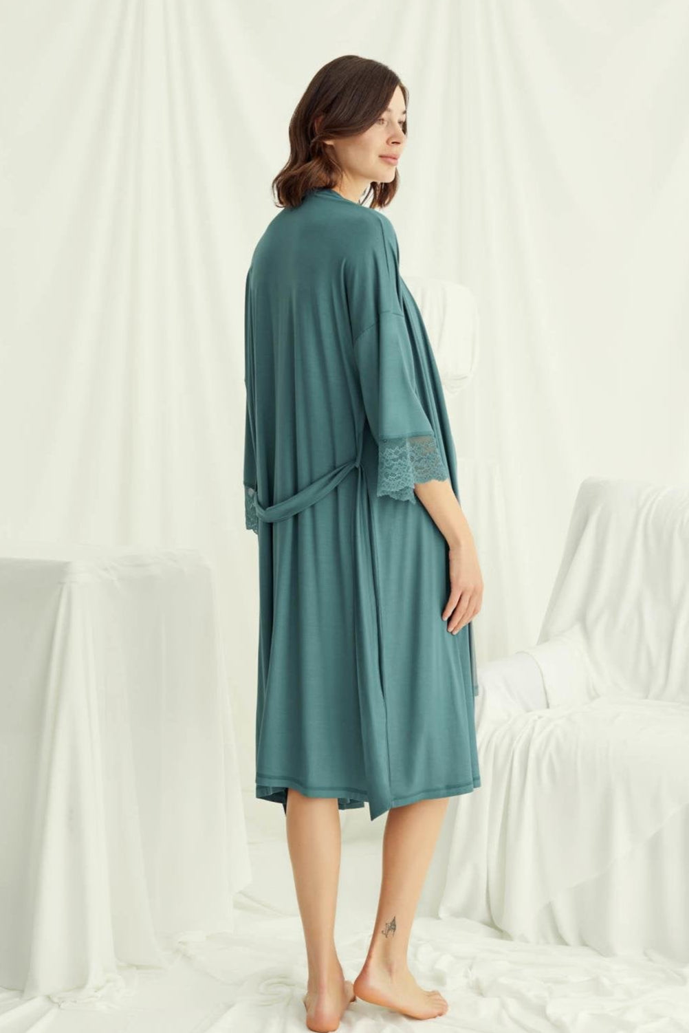 Lace Strappy Maternity Feeding-Friendly Nightgown & Robe Set Green - E18522