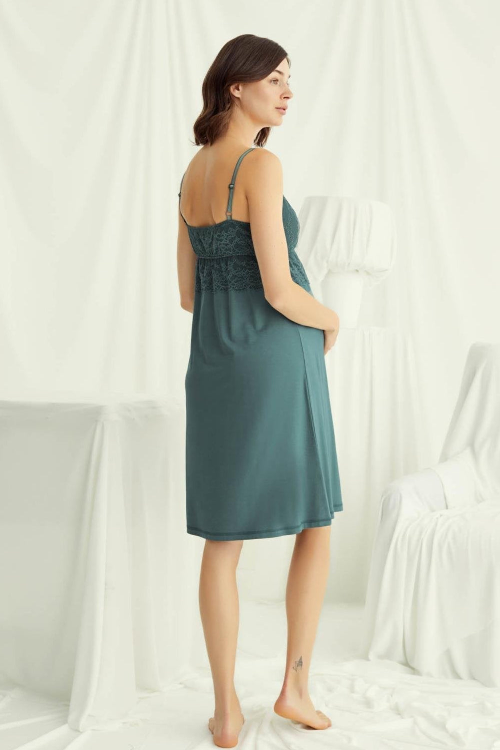 Lace Strappy Maternity Feeding-Friendly Nightgown & Robe Set Green - E18522
