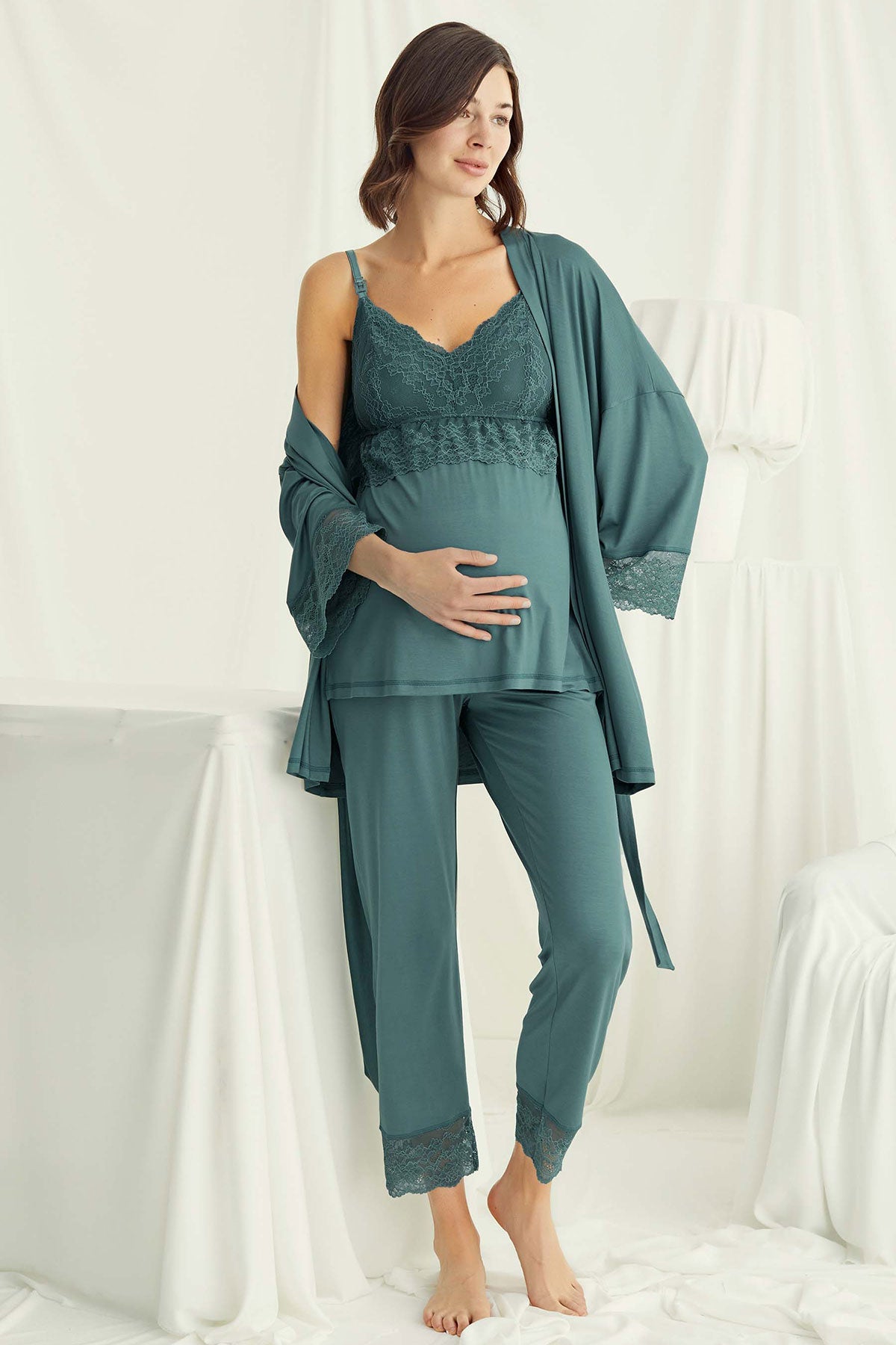 Lace Strappy 3-Piece Maternity Feeding-Friendly Pajama & Robe Set Green - E18523