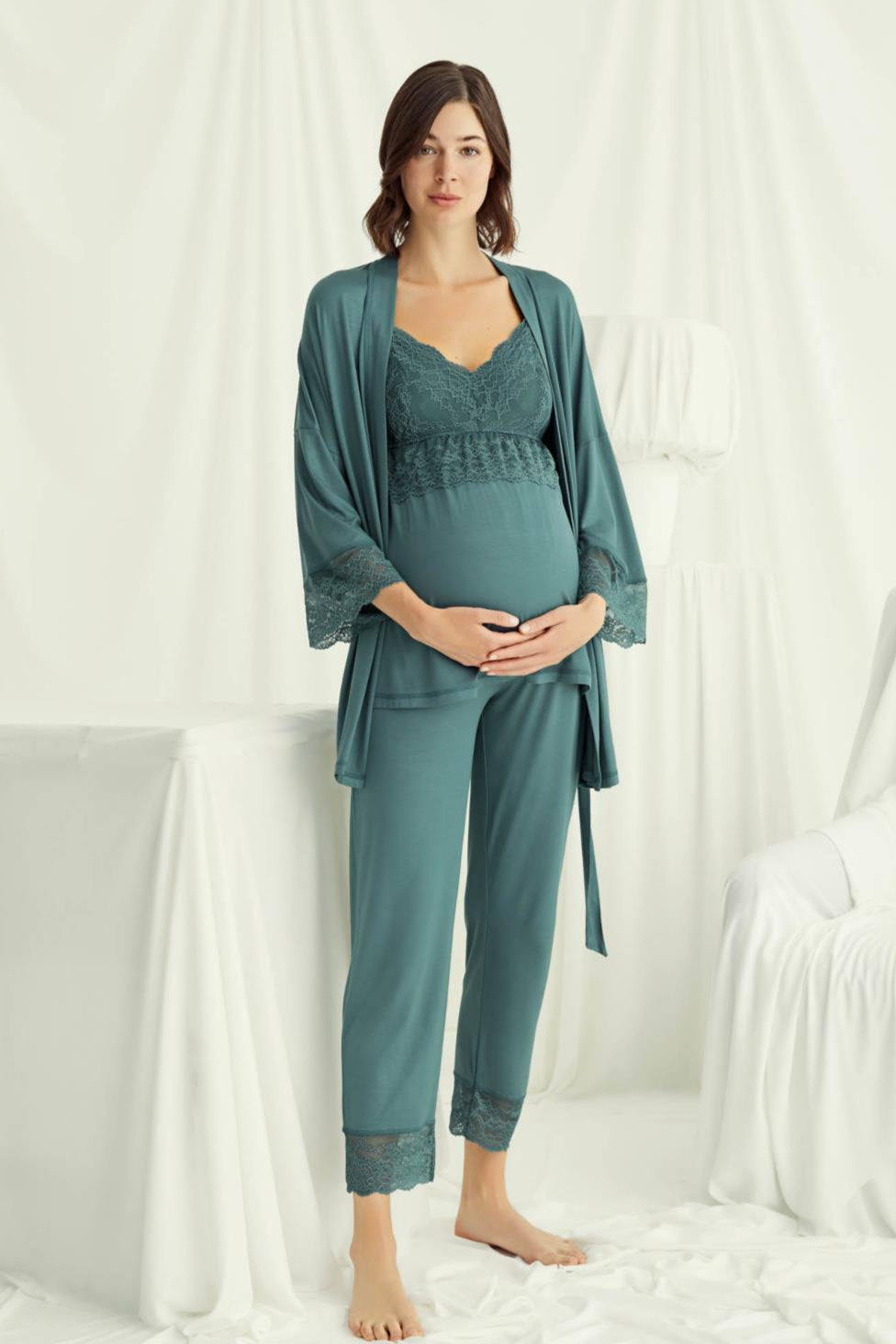 Lace Strappy 3-Piece Maternity Feeding-Friendly Pajama & Robe Set Green - E18523