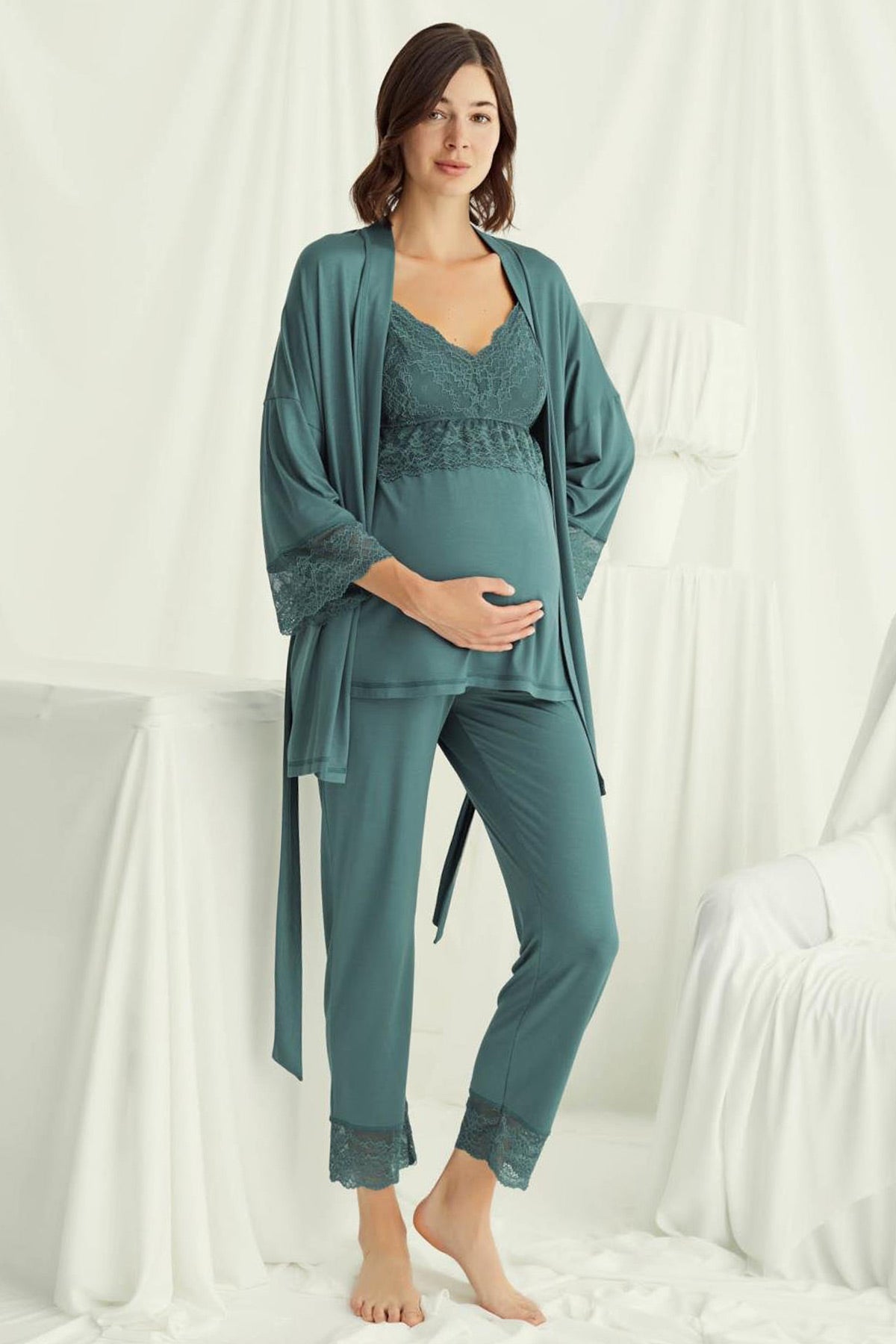 Lace Strappy 3-Piece Maternity Feeding-Friendly Pajama & Robe Set Green - E18523
