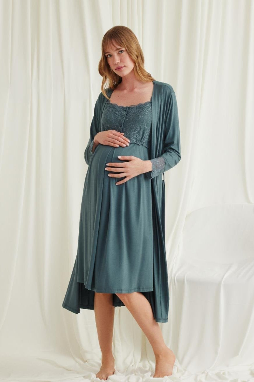 Lace Shoulder Maternity Feeding-Friendly Nightgown & Robe Set Green - E18534