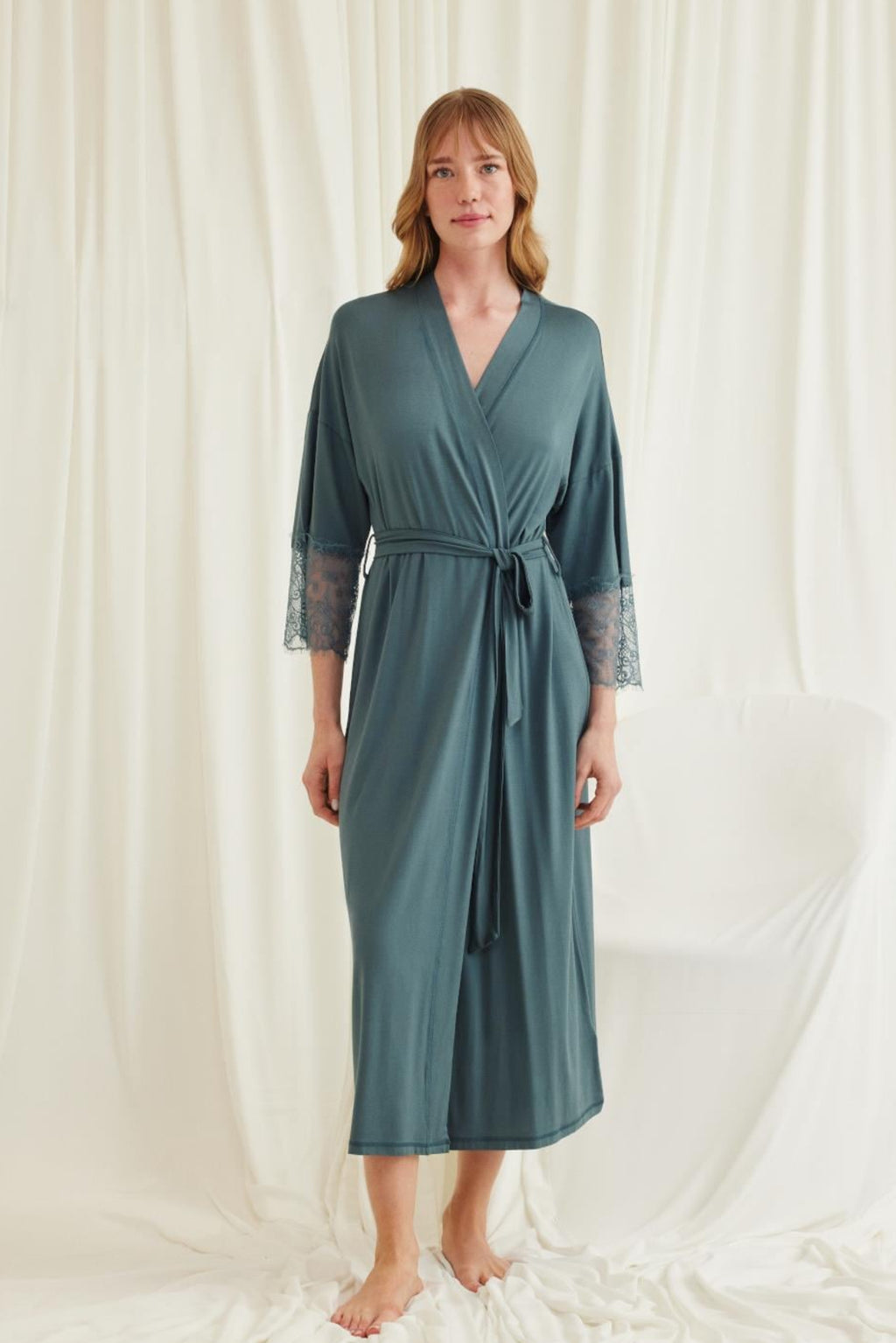 Lace Sleeve Soft Maternity Robe Green - E18546