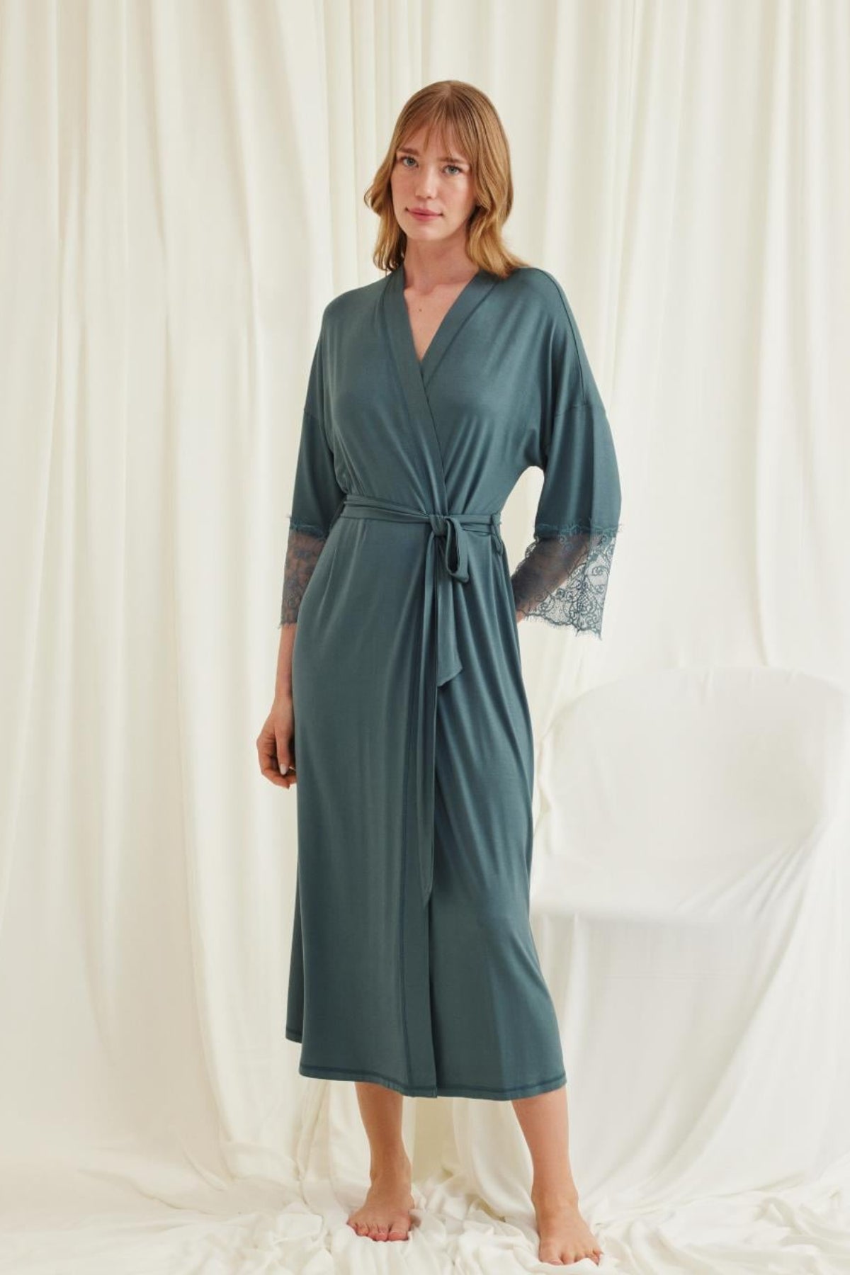 Lace Sleeve Soft Maternity Robe Green - E18546