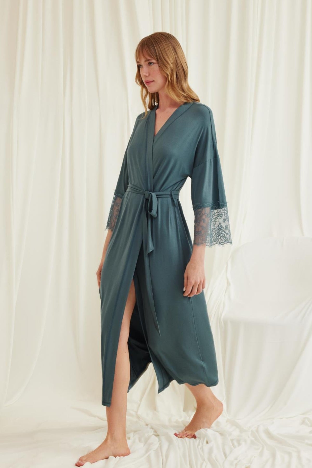 Lace Sleeve Soft Maternity Robe Green - E18546